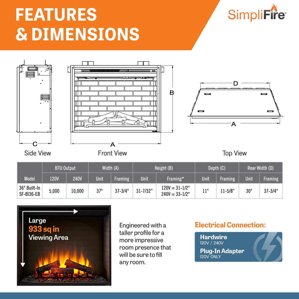 SimpliFire Built-In Electric Fireplace w/ Trim Kit SF-BI36-EB & SF-EF36-BK