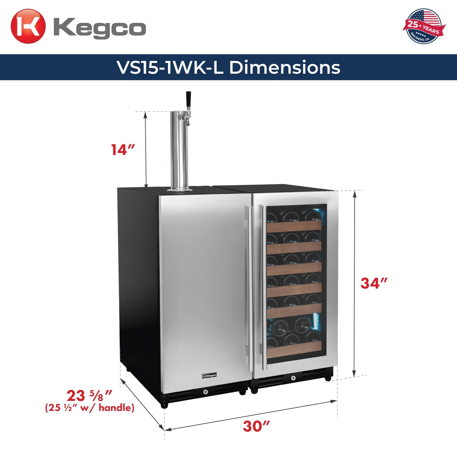 Allavino 30" Side-by-Side Single Tap Kegerator and Single Zone Wine Refrigerator BF VS15-1WK-L
