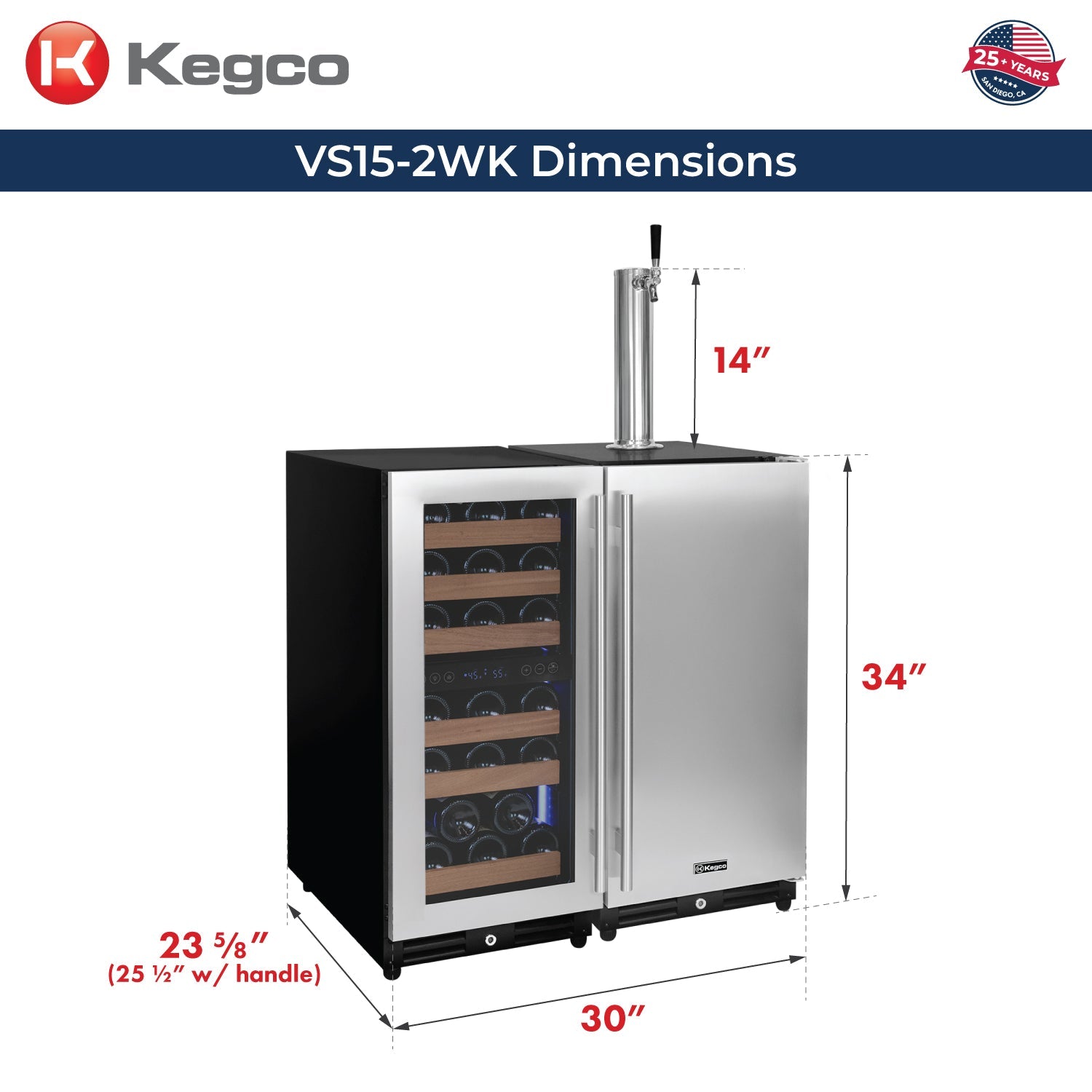Allavino 30" Wide Side-by-Side Dual Zone Wine Refrigerator and Single Tap Kegerator BF VS15-2WK