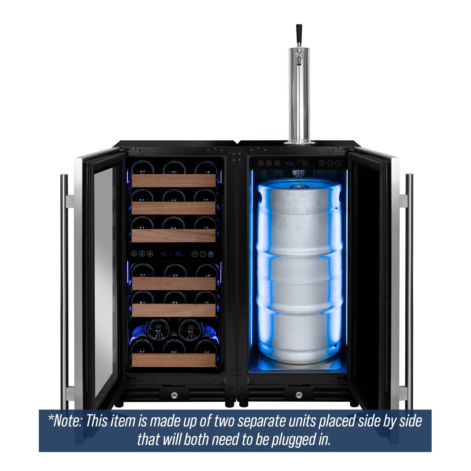 Allavino 30" Wide Side-by-Side Dual Zone Wine Refrigerator and Single Tap Kegerator BF VS15-2WK