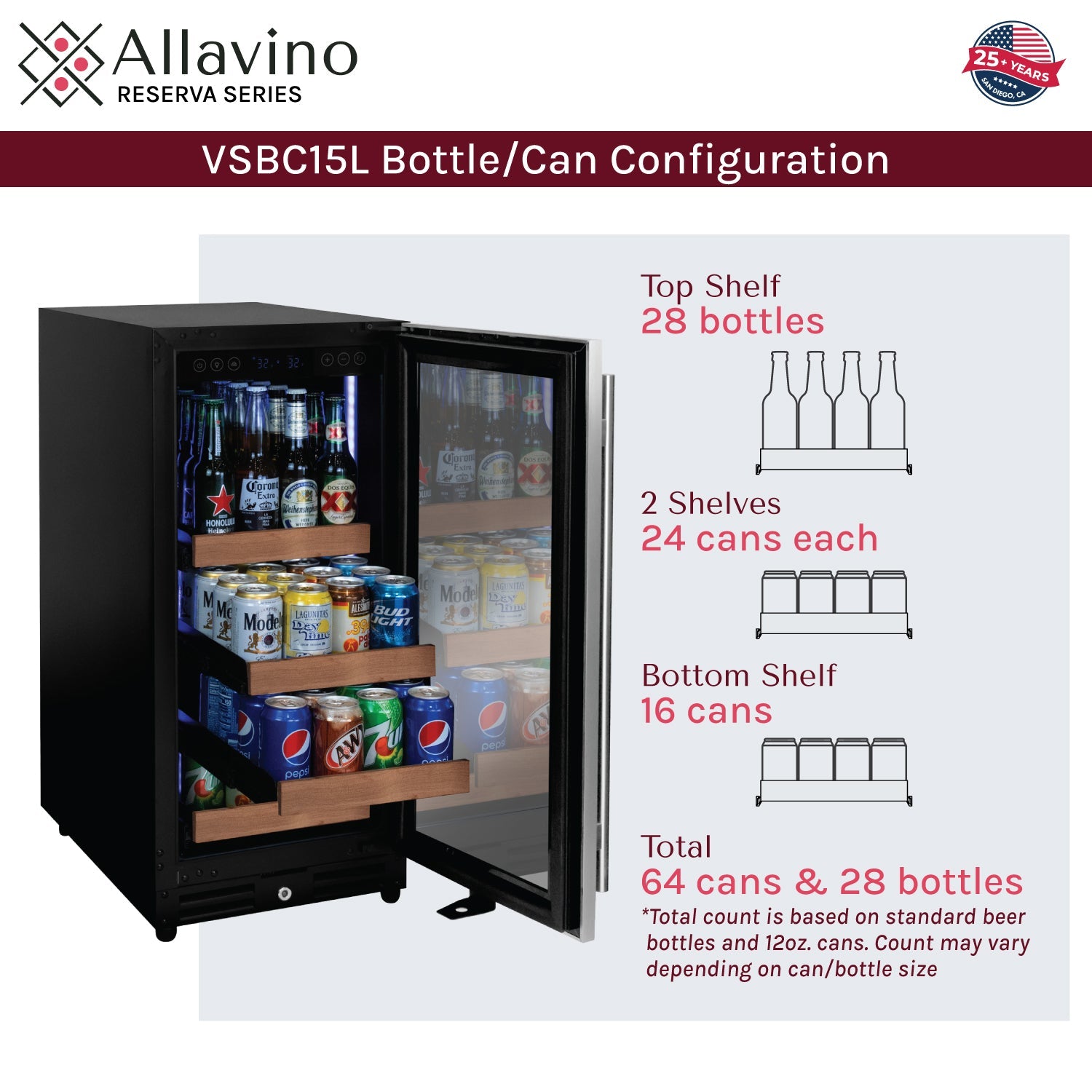 Allavino 15" Wide Reserva Series Stainless Steel Right Hinge Beverage Center AO VSBC15L-SSR