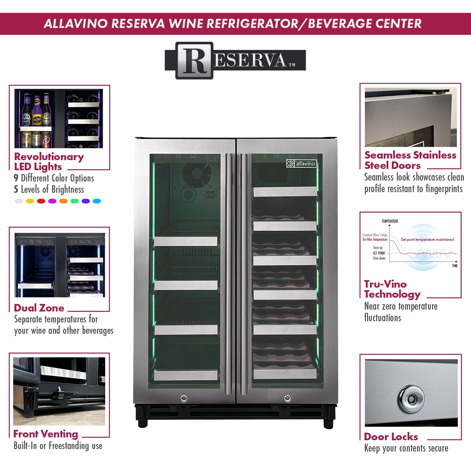 Allavino Reserva Series 24" Wide Two Door Stainless Steel Wine Refrigerator/Beverage Center AO VSBCW34FD-2S