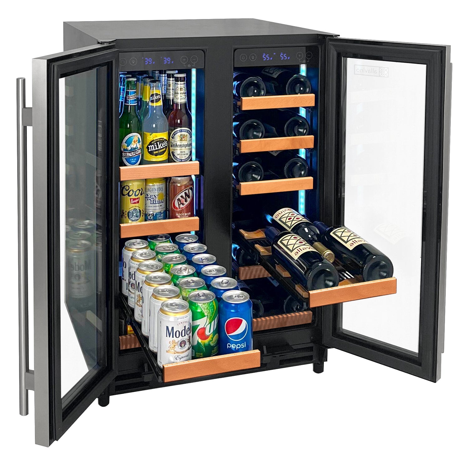 Allavino Reserva Series 24" Wide Two Door Stainless Steel Wine Refrigerator/Beverage Center with Wood Front Shelves AO VSBCW34FD-2SW