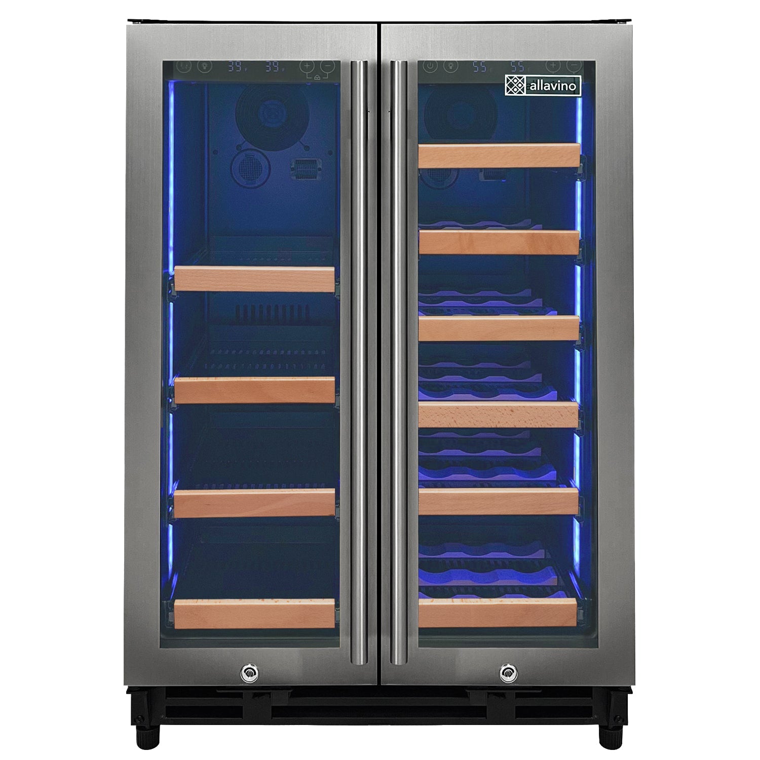 Allavino Reserva Series 24" Wide Two Door Stainless Steel Wine Refrigerator/Beverage Center with Wood Front Shelves AO VSBCW34FD-2SW