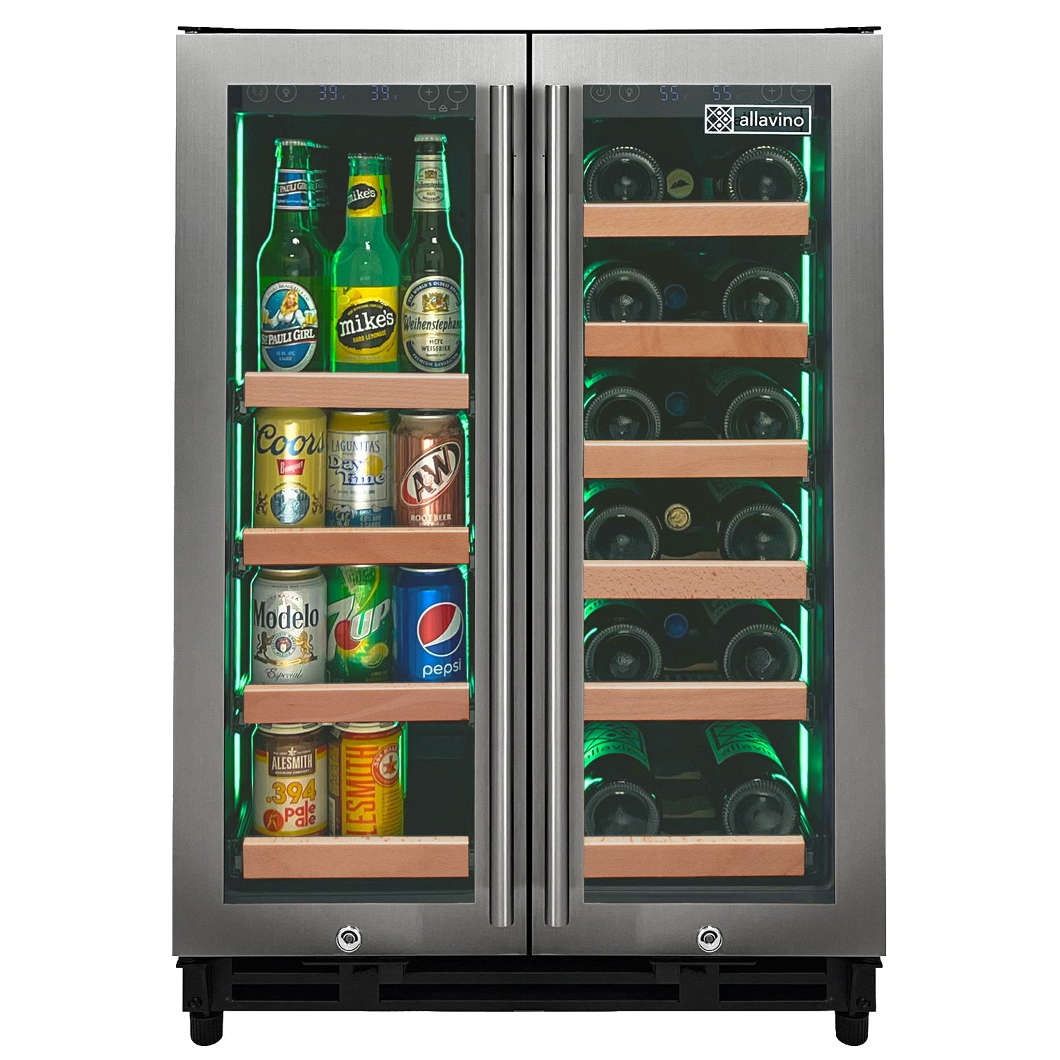 Allavino Reserva Series 24" Wide Two Door Stainless Steel Wine Refrigerator/Beverage Center with Wood Front Shelves AO VSBCW34FD-2SW