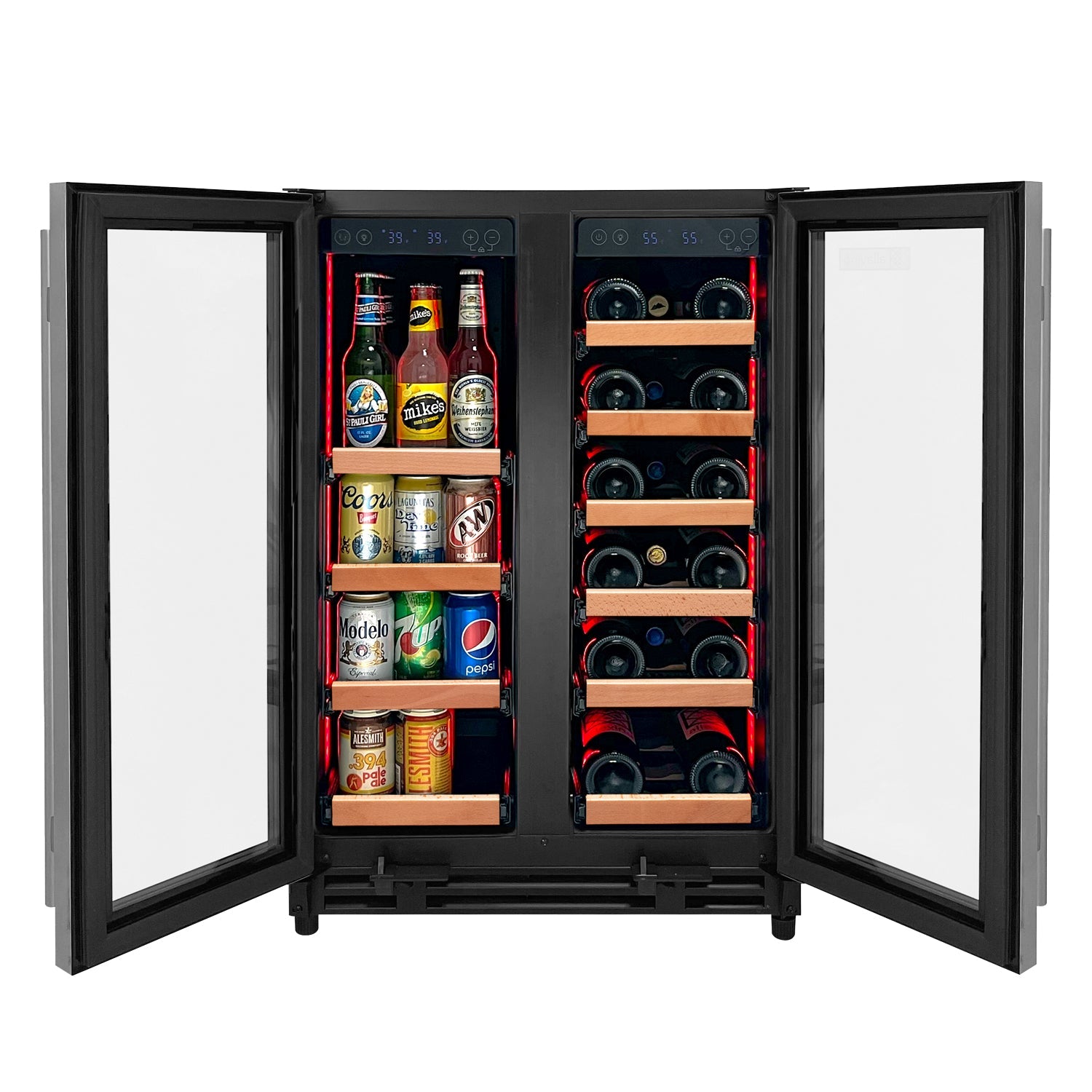 Allavino Reserva Series 24" Wide Two Door Stainless Steel Wine Refrigerator/Beverage Center with Wood Front Shelves AO VSBCW34FD-2SW