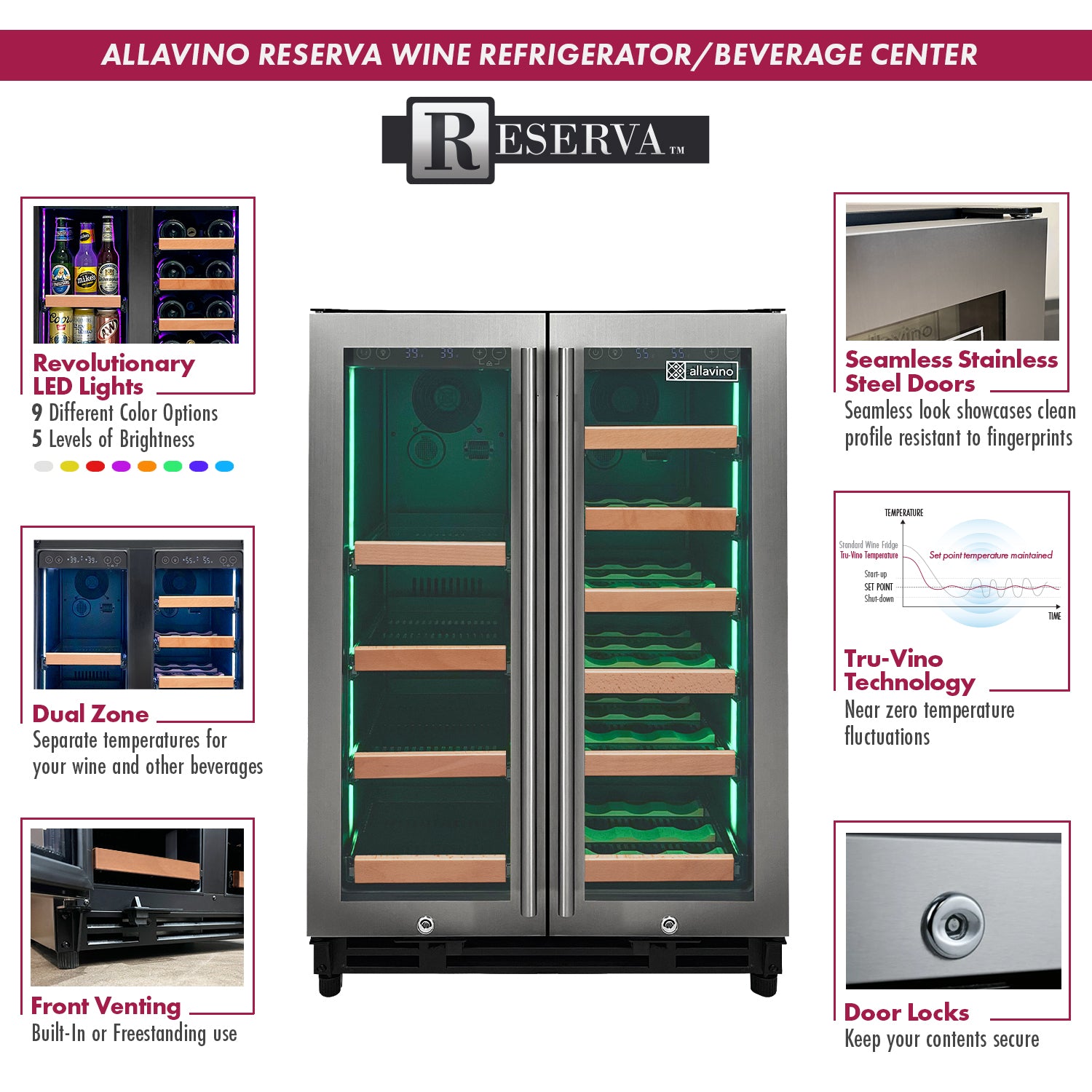 Allavino Reserva Series 24" Wide Two Door Stainless Steel Wine Refrigerator/Beverage Center with Wood Front Shelves AO VSBCW34FD-2SW