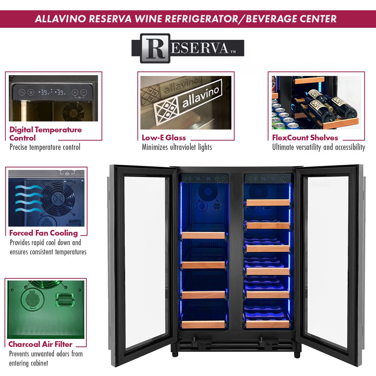 Allavino Reserva Series 24" Wide Two Door Stainless Steel Wine Refrigerator/Beverage Center with Wood Front Shelves AO VSBCW34FD-2SW