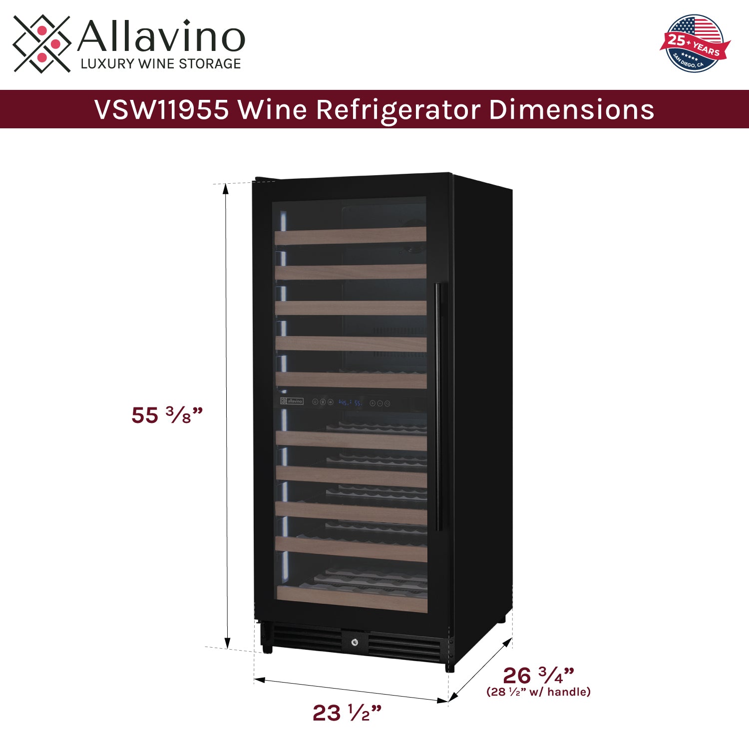 Allavino Reserva Series 119 Bottle 55" Semi Tall Dual Zone Left Hinge Black Metal Wine Refrigerator AO VSW11955D-2BL