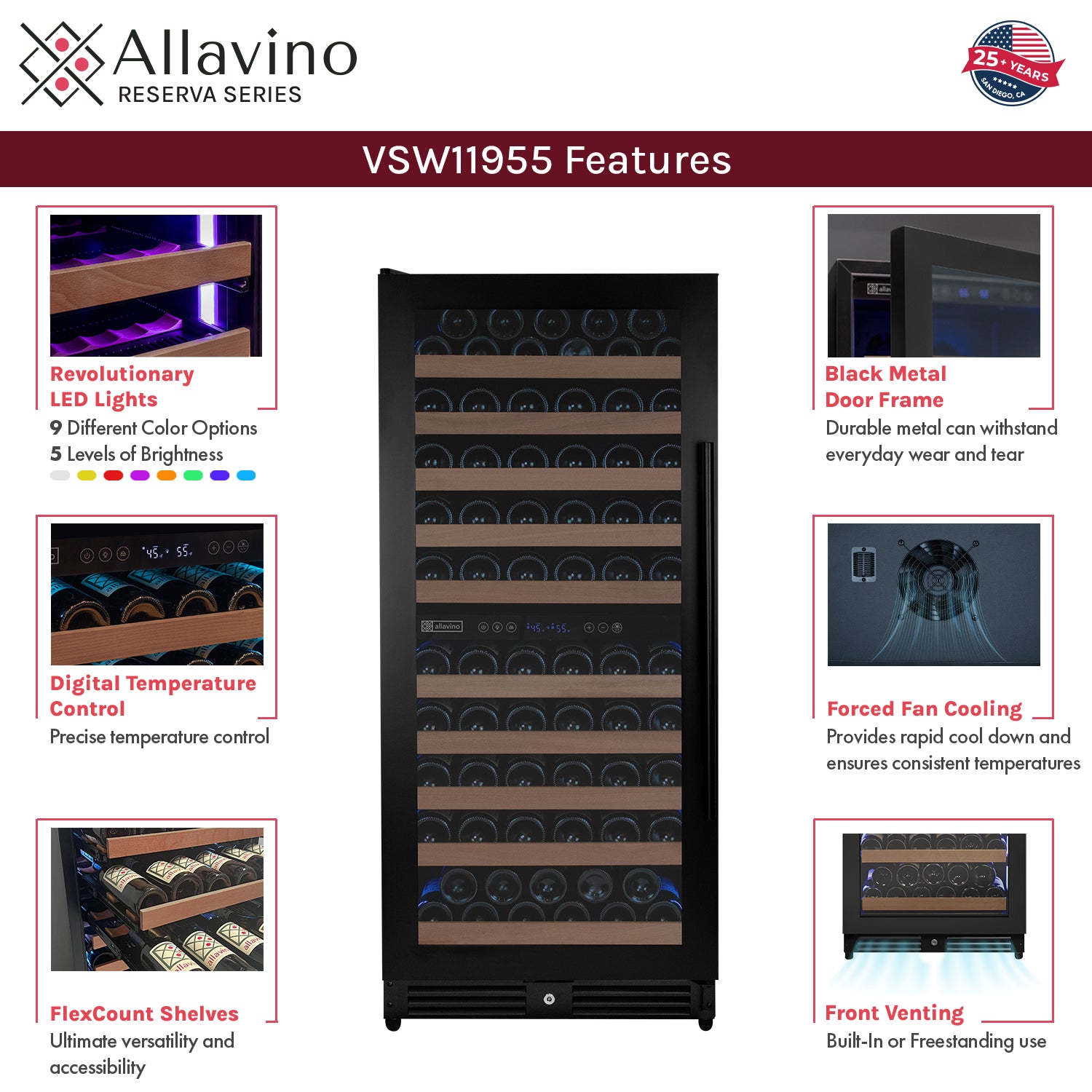Allavino Reserva Series 119 Bottle 55" Semi Tall Dual Zone Left Hinge Black Metal Wine Refrigerator AO VSW11955D-2BL