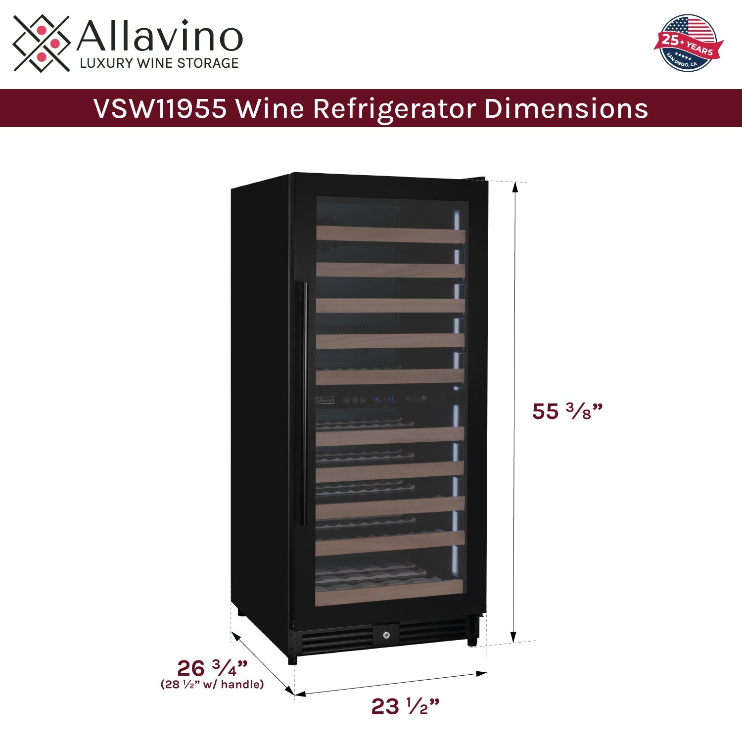 Allavino Reserva Series 119 Bottle 55" Semi Tall Dual Zone Right Hinge Black Metal Wine Refrigerator AO VSW11955D-2BR