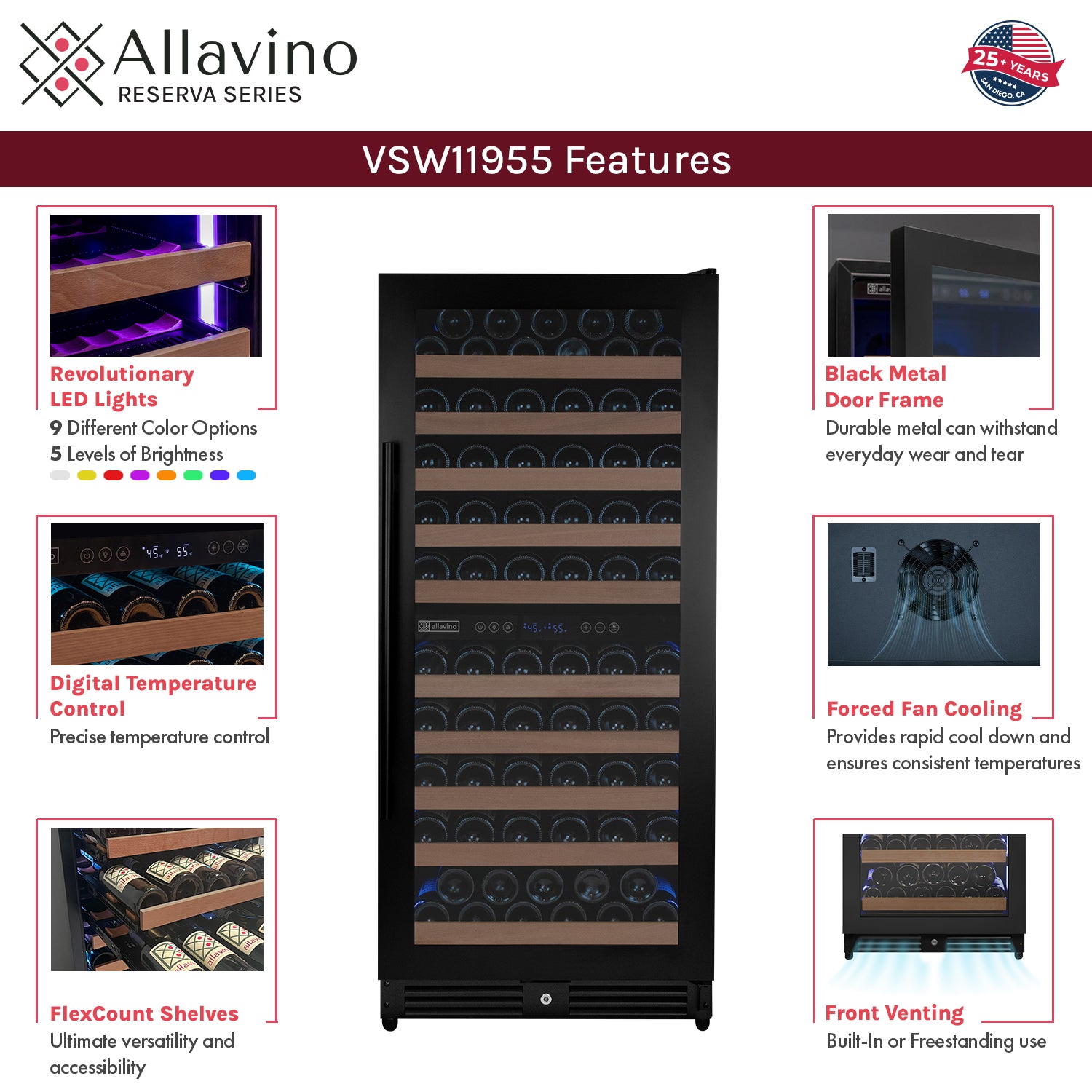 Allavino Reserva Series 119 Bottle 55" Semi Tall Dual Zone Right Hinge Black Metal Wine Refrigerator AO VSW11955D-2BR