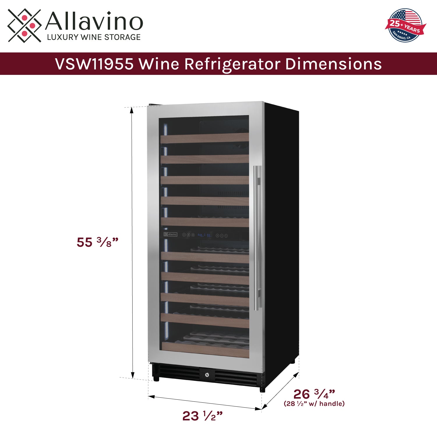 Allavino Reserva Series 119 Bottle 55" Tall Dual Zone Left Hinge Stainless Steel Wine Refrigerator AO VSW11955D-2SL