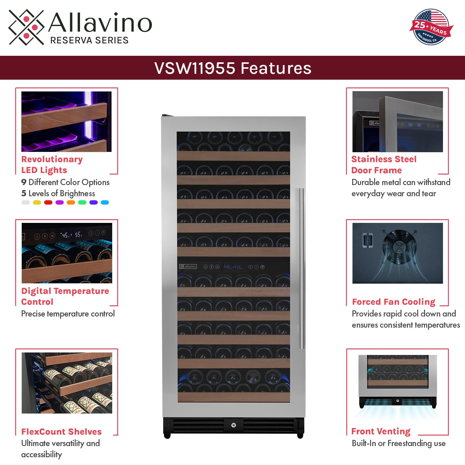 Allavino Reserva Series 119 Bottle 55" Tall Dual Zone Left Hinge Stainless Steel Wine Refrigerator AO VSW11955D-2SL