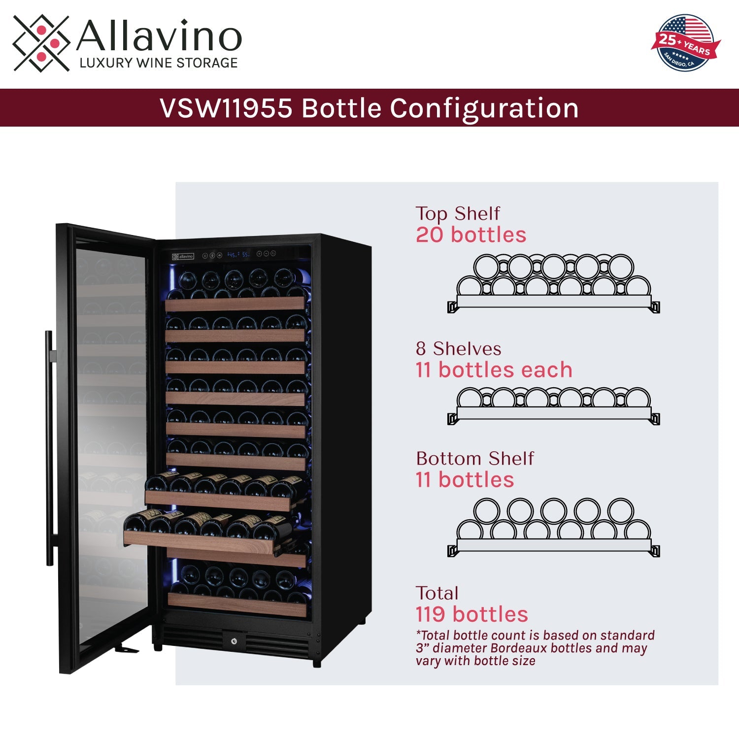 Allavino Reserva Series 119 Bottle 55" Semi Tall Single Zone Left Hinge Black Metal Wine Refrigerator AO VSW11955S-1BL