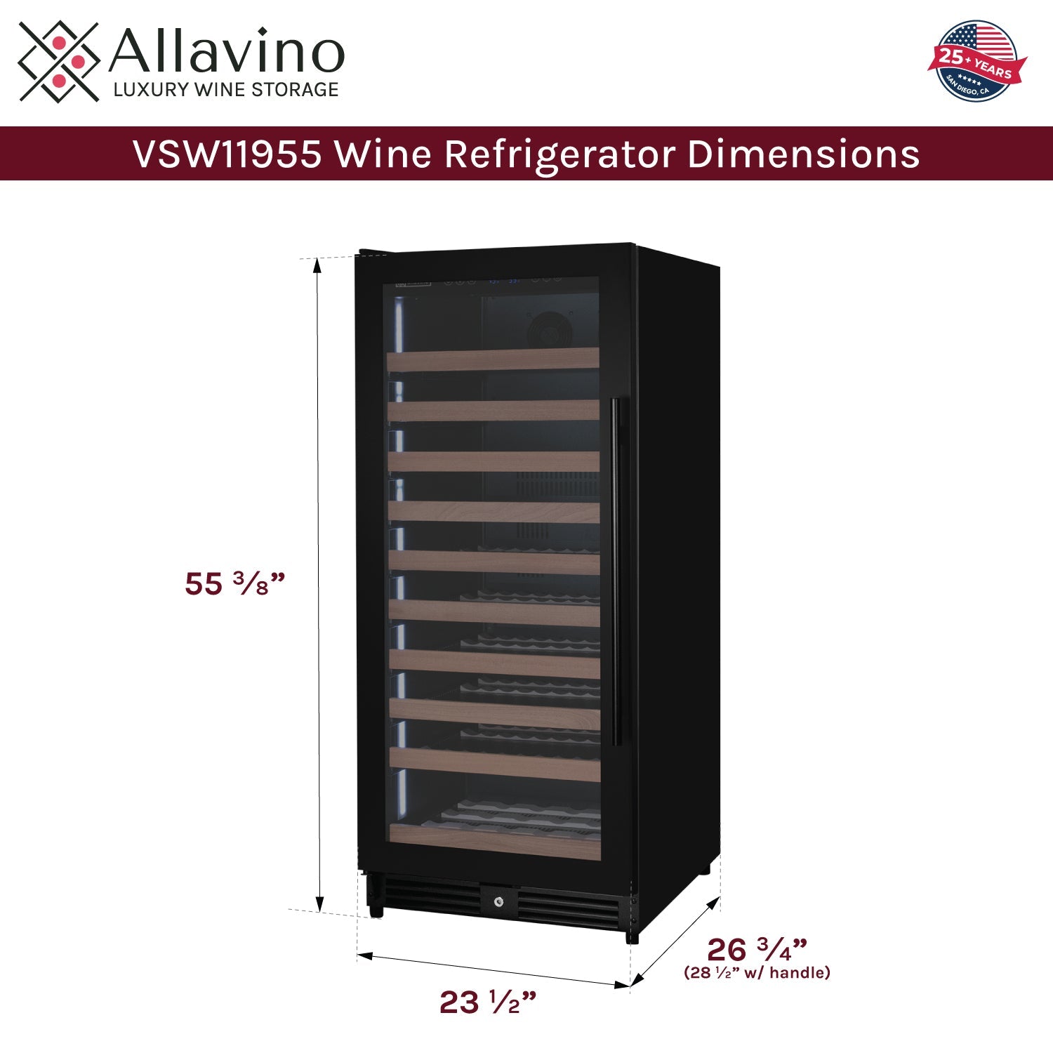Allavino Reserva Series 119 Bottle 55" Semi Tall Single Zone Left Hinge Black Metal Wine Refrigerator AO VSW11955S-1BL