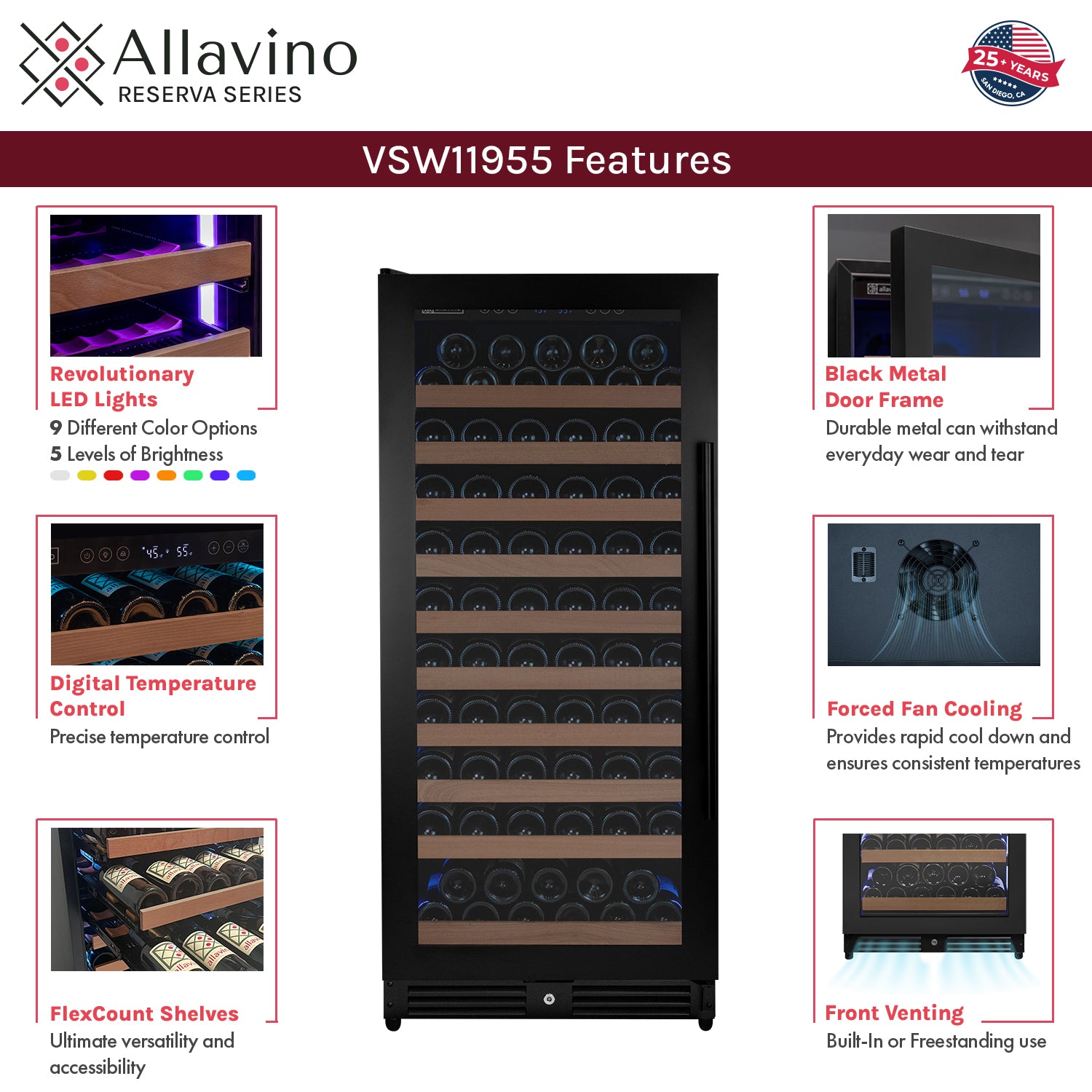 Allavino Reserva Series 119 Bottle 55" Semi Tall Single Zone Left Hinge Black Metal Wine Refrigerator AO VSW11955S-1BL