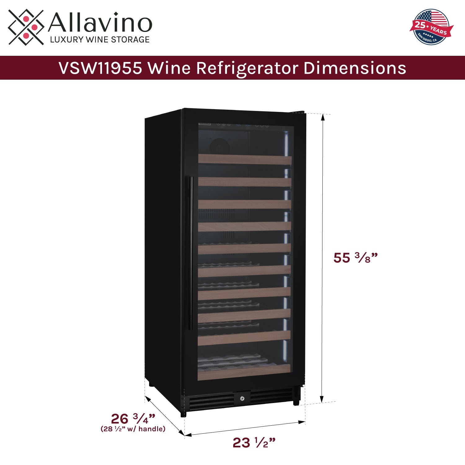 Allavino Reserva Series 119 Bottle 55" Semi Tall Single Zone Right Hinge Black Metal Wine Refrigerator AO VSW11955S-1BR