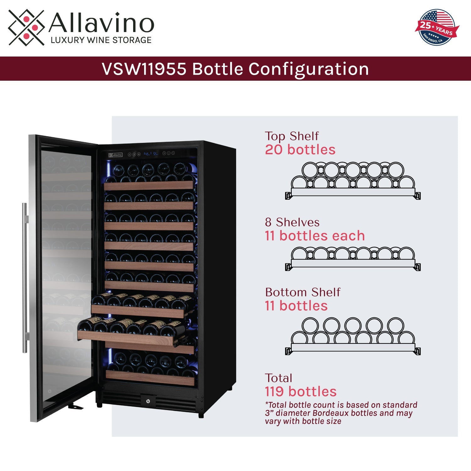 Allavino Reserva Series 119 Bottle 55" Tall Single Zone Left Hinge Stainless Steel Wine Refrigerator AO VSW11955S-1SL