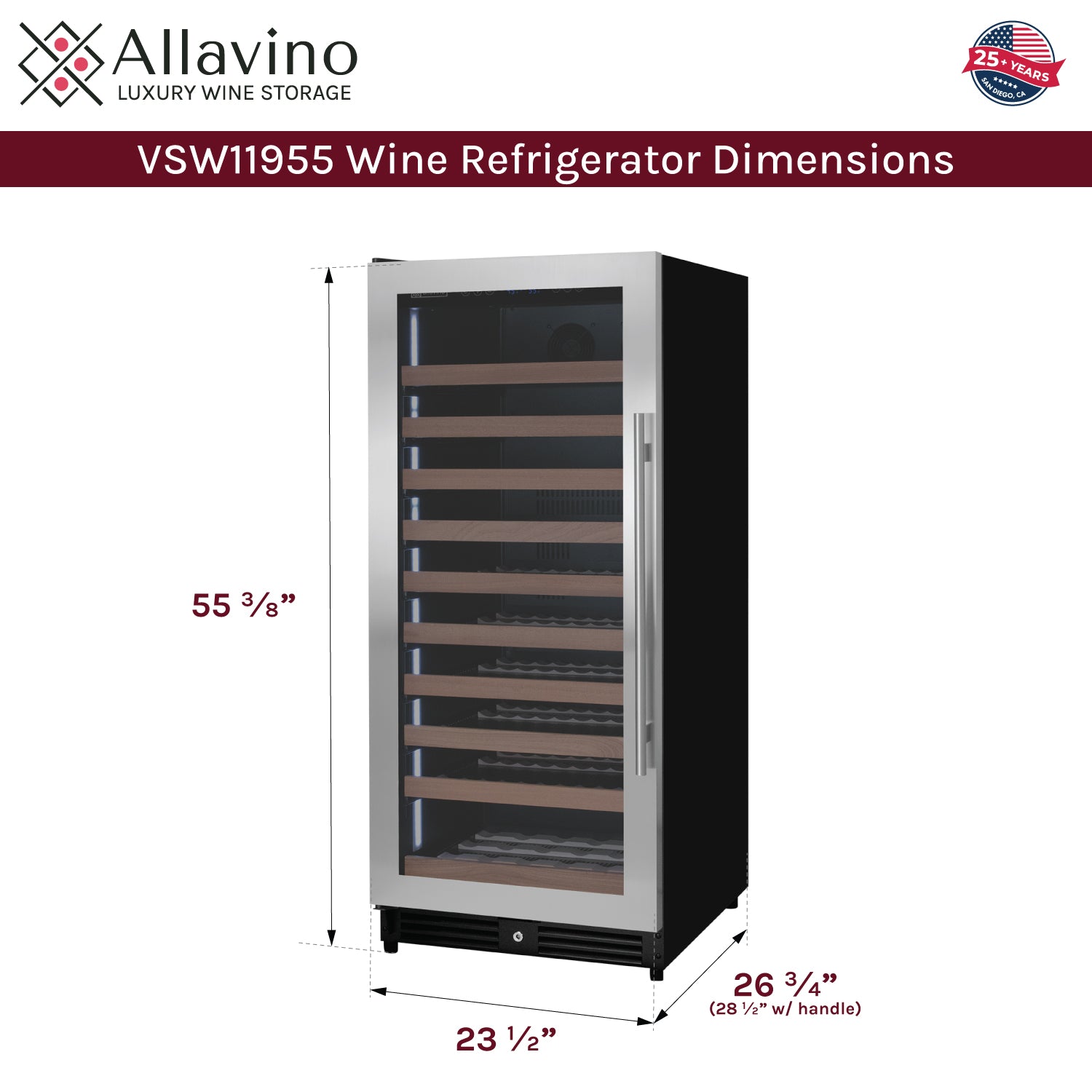 Allavino Reserva Series 119 Bottle 55" Tall Single Zone Left Hinge Stainless Steel Wine Refrigerator AO VSW11955S-1SL