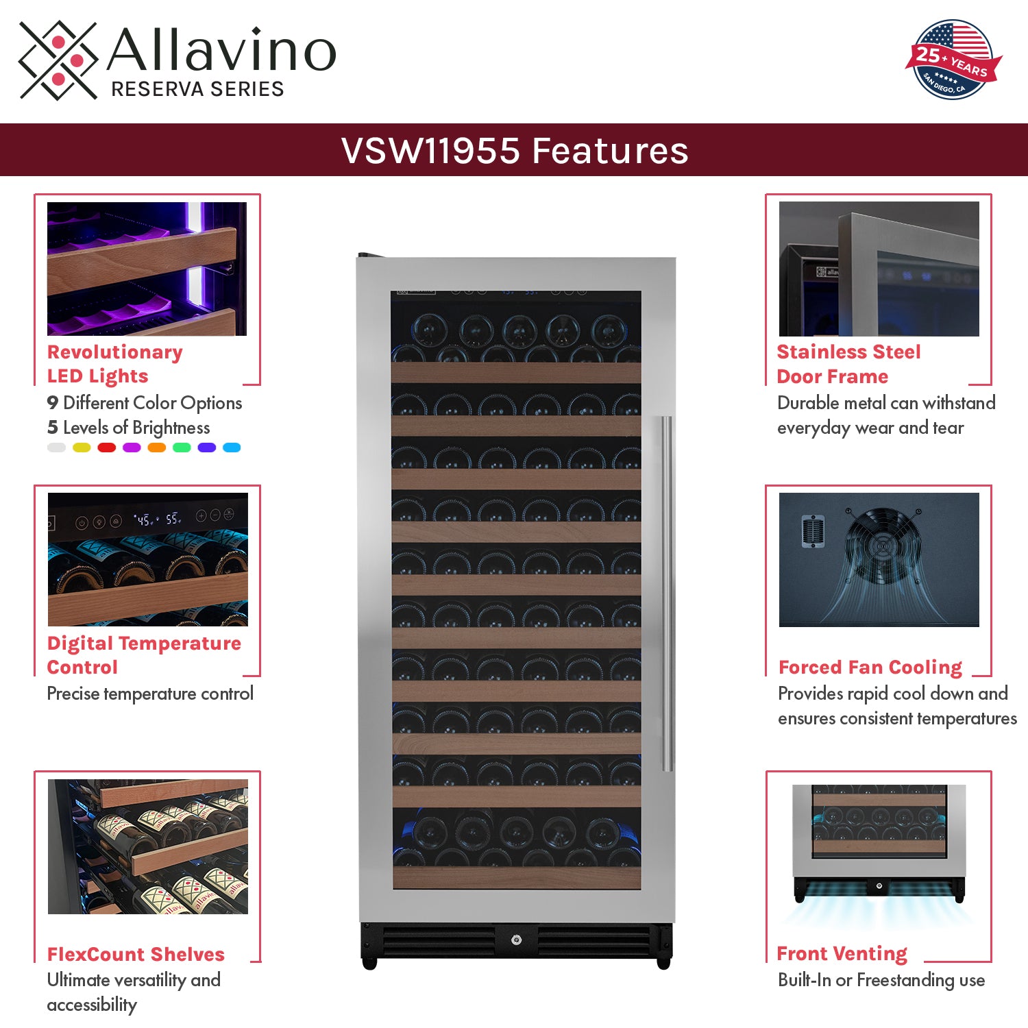 Allavino Reserva Series 119 Bottle 55" Tall Single Zone Left Hinge Stainless Steel Wine Refrigerator AO VSW11955S-1SL