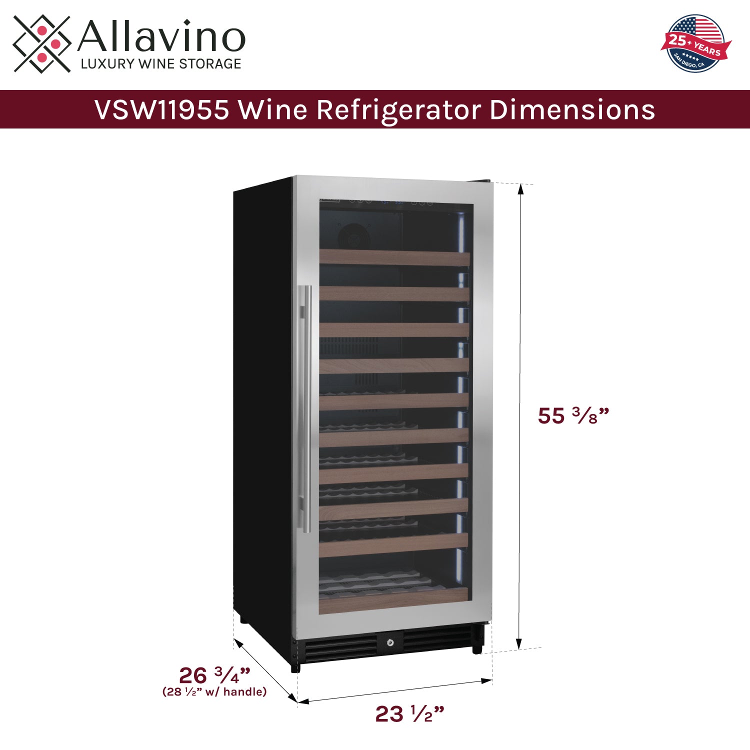 Allavino Reserva Series 119 Bottle 55" Tall Single Zone Right Hinge Stainless Steel Wine Refrigerator AO VSW11955S-1SR