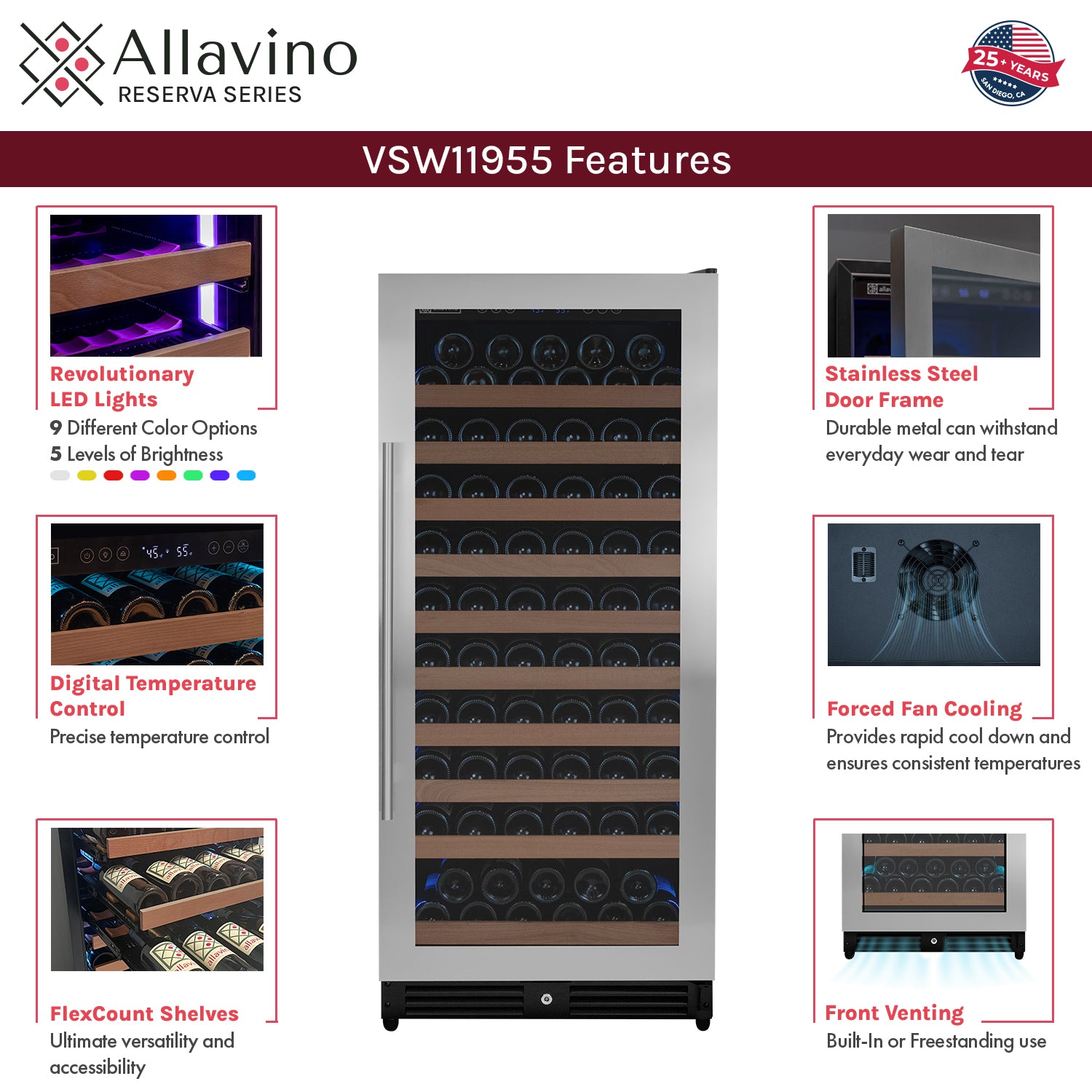 Allavino Reserva Series 119 Bottle 55" Tall Single Zone Right Hinge Stainless Steel Wine Refrigerator AO VSW11955S-1SR