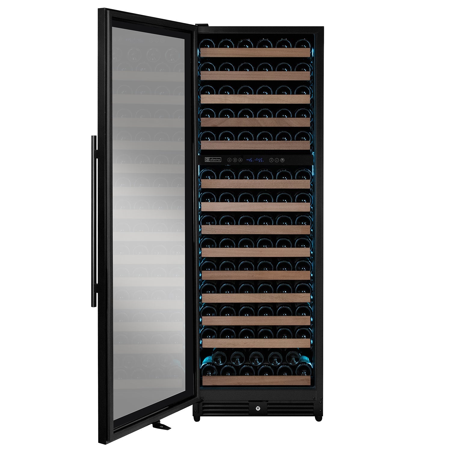 Allavino Reserva Series 154 Bottle 71" Tall Dual Zone Built-in Left Hinge Wine Refrigerator with Black Metal Door  AO VSW15471D-2BL