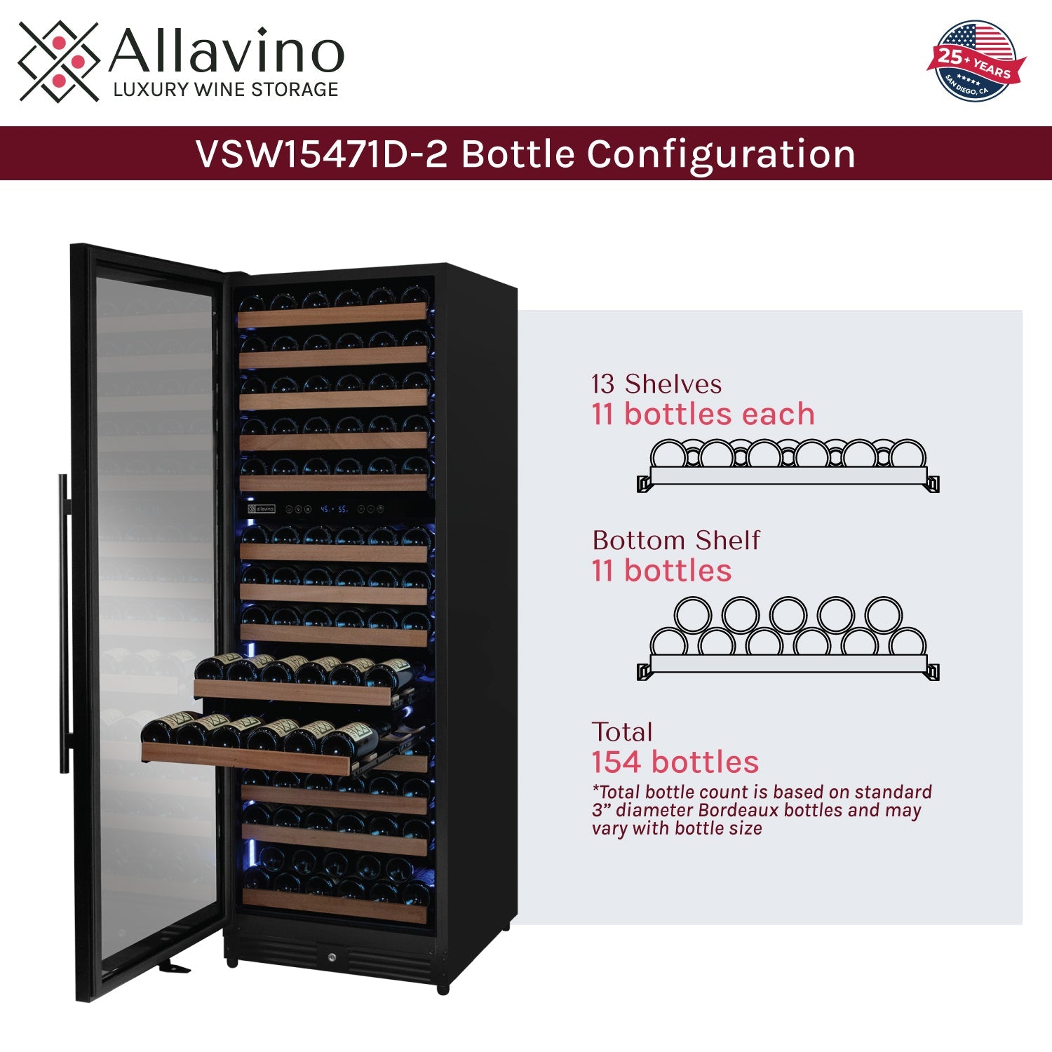 Allavino Reserva Series 154 Bottle 71" Tall Dual Zone Built-in Left Hinge Wine Refrigerator with Black Metal Door  AO VSW15471D-2BL