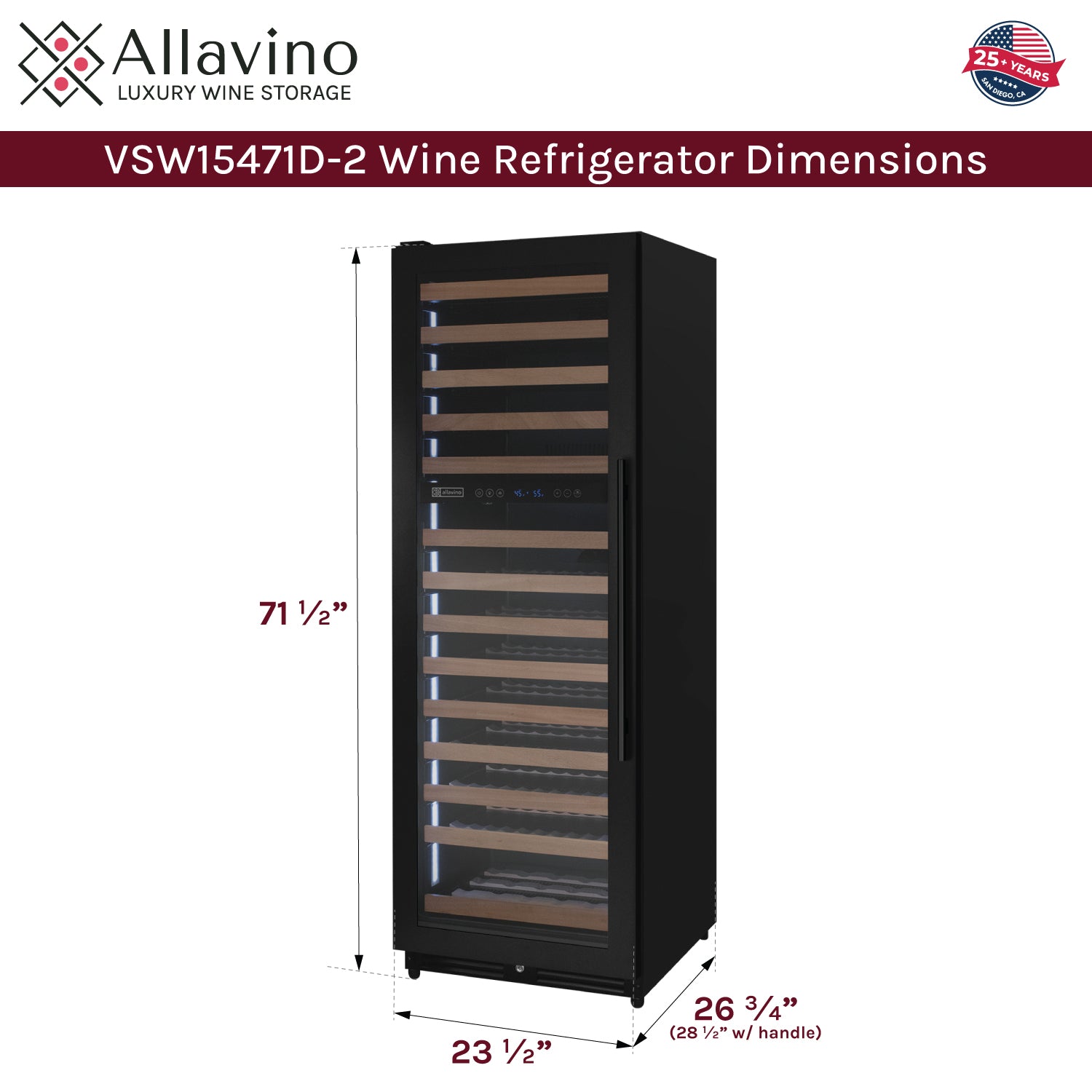 Allavino Reserva Series 154 Bottle 71" Tall Dual Zone Built-in Left Hinge Wine Refrigerator with Black Metal Door  AO VSW15471D-2BL