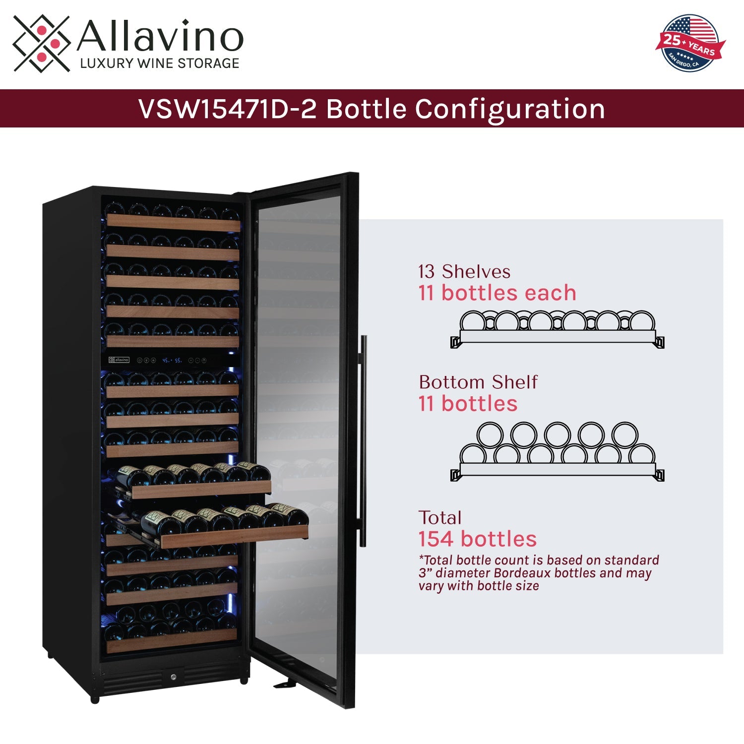 Allavino Reserva Series 154 Bottle 71" Tall Dual Zone Built-in Right Hinge Wine Refrigerator with Black Metal Door AO VSW15471D-2BR
