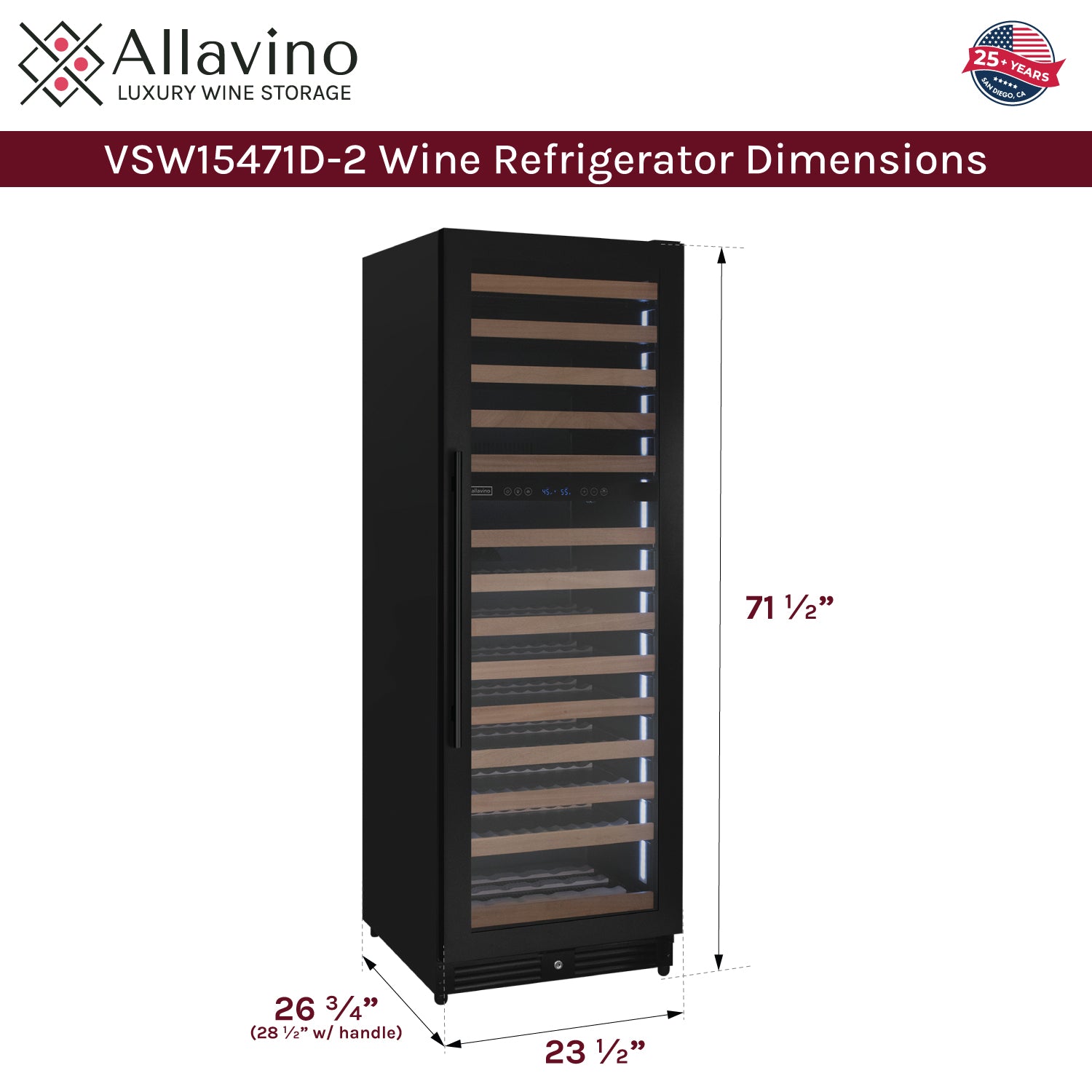 Allavino Reserva Series 154 Bottle 71" Tall Dual Zone Built-in Right Hinge Wine Refrigerator with Black Metal Door AO VSW15471D-2BR