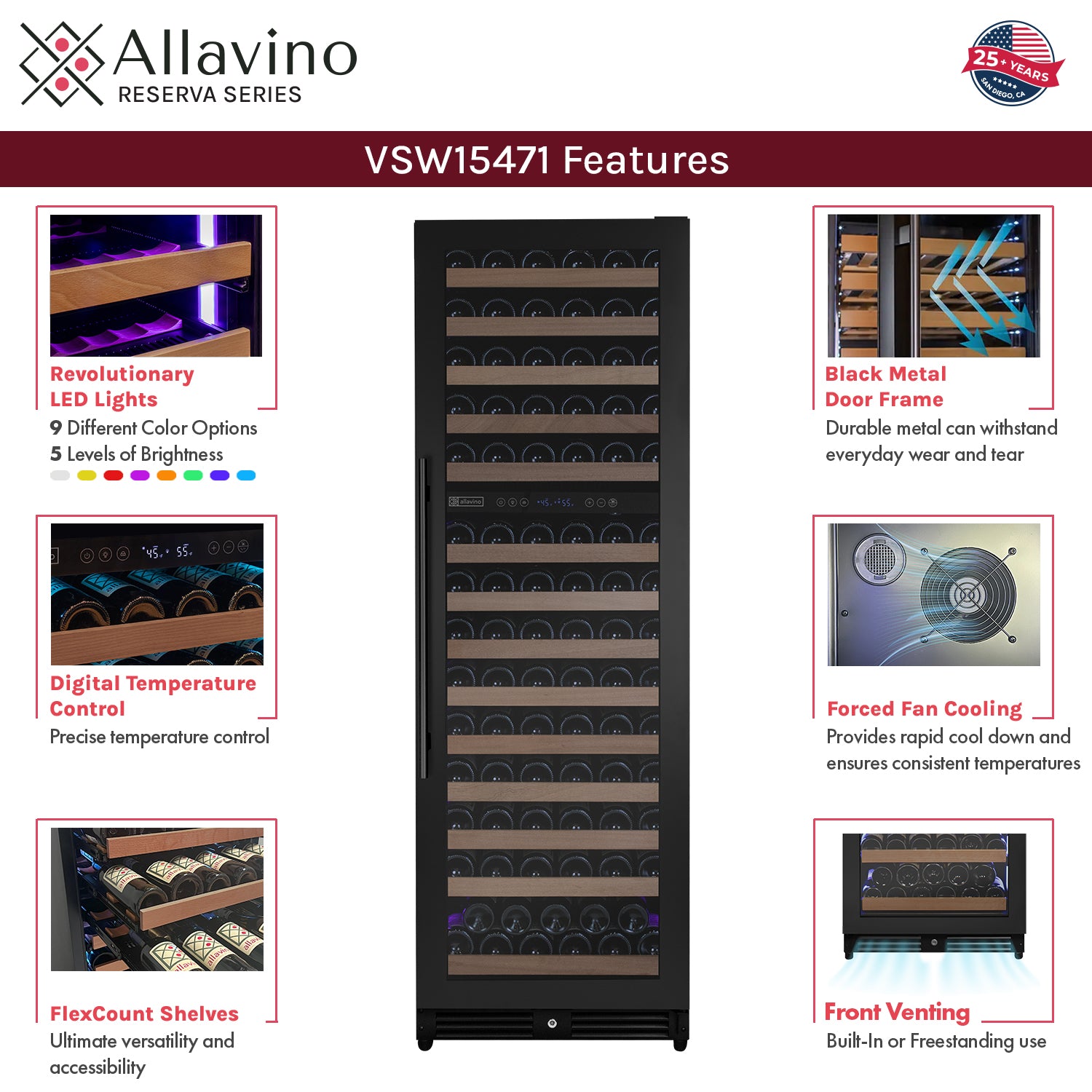 Allavino Reserva Series 154 Bottle 71" Tall Dual Zone Built-in Right Hinge Wine Refrigerator with Black Metal Door AO VSW15471D-2BR