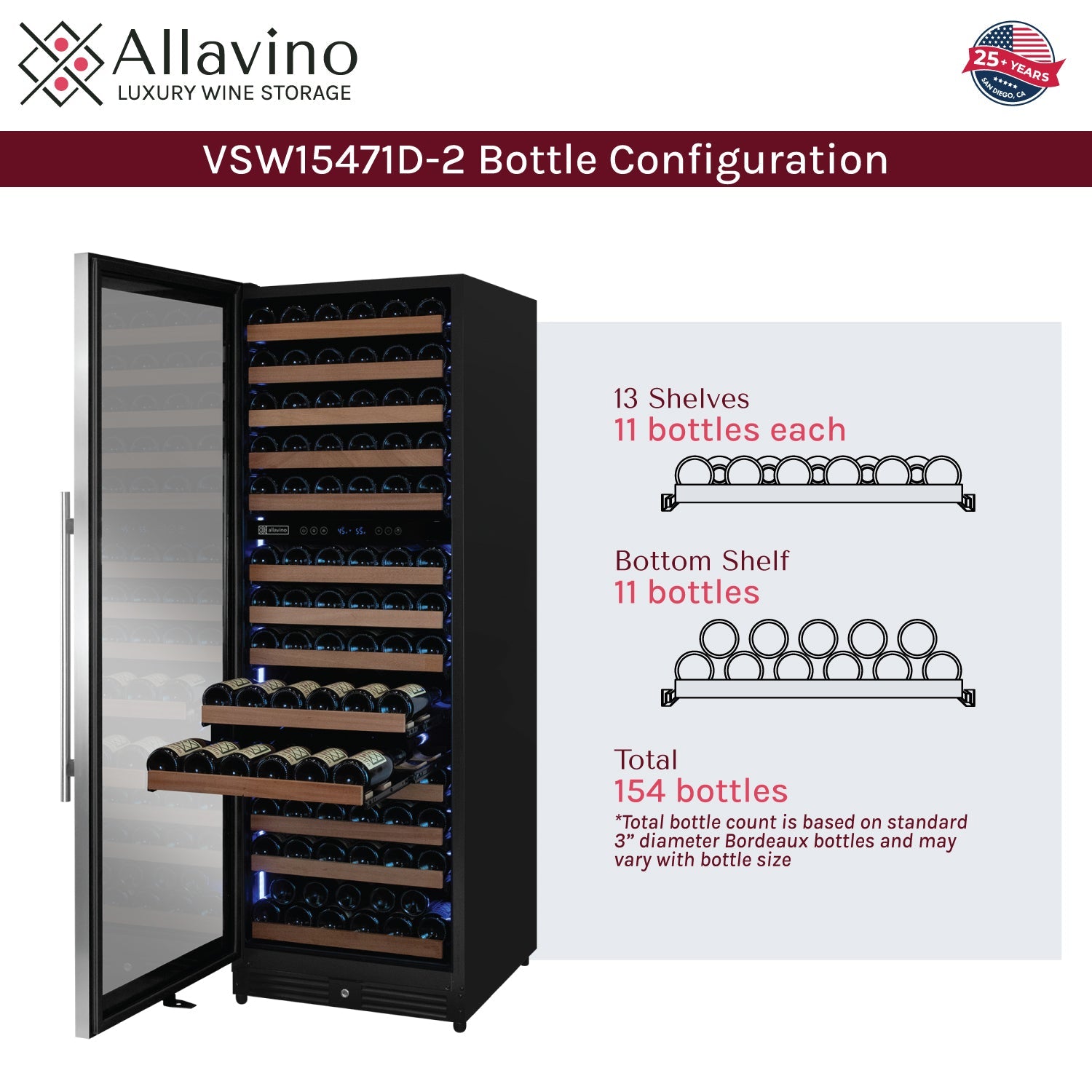 Allavino Reserva Series 154 Bottle 71" Tall Dual Zone Left Hinge Stainless Steel Wine Refrigerator AO VSW15471D-2SL