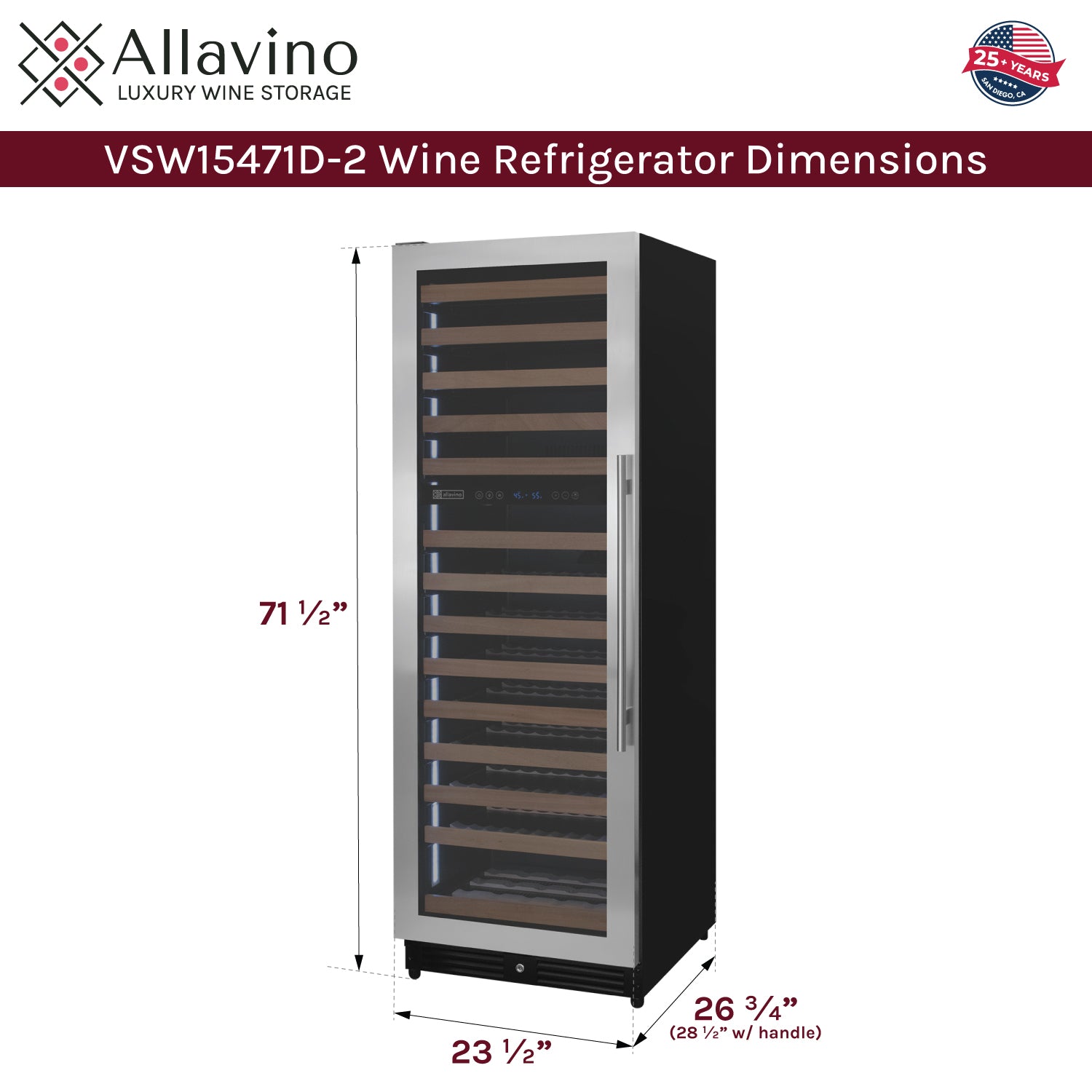 Allavino Reserva Series 154 Bottle 71" Tall Dual Zone Left Hinge Stainless Steel Wine Refrigerator AO VSW15471D-2SL
