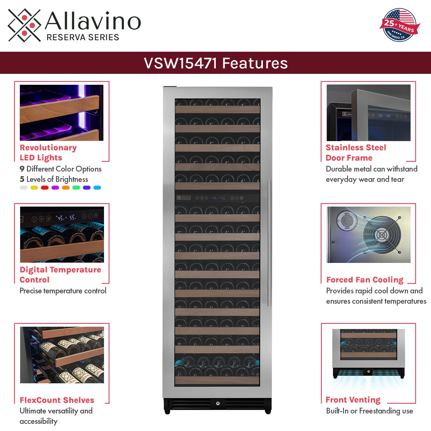 Allavino Reserva Series 154 Bottle 71" Tall Dual Zone Left Hinge Stainless Steel Wine Refrigerator AO VSW15471D-2SL