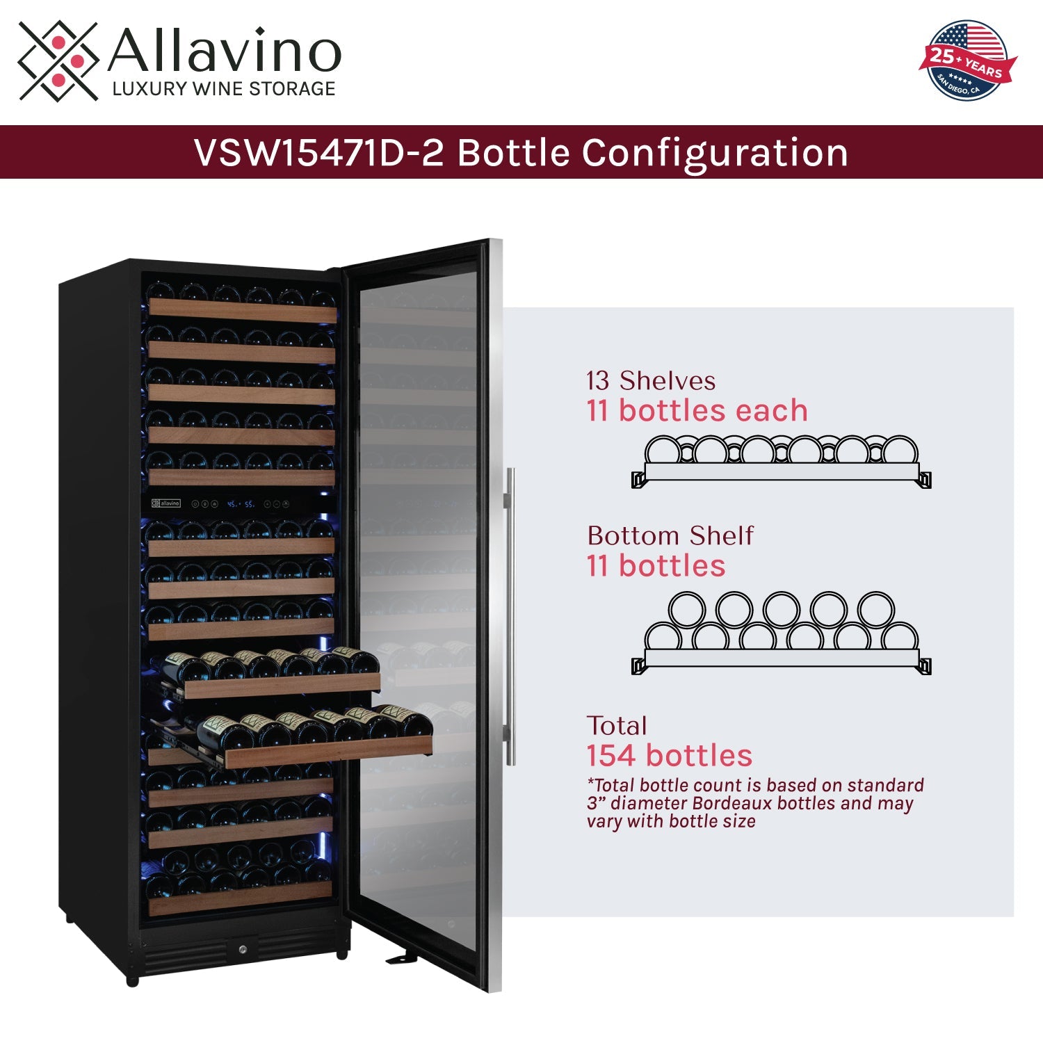 Allavino Reserva Series 154 Bottle 71" Tall Dual Zone Right Hinge Stainless Steel Wine Refrigerator AO VSW15471D-2SR