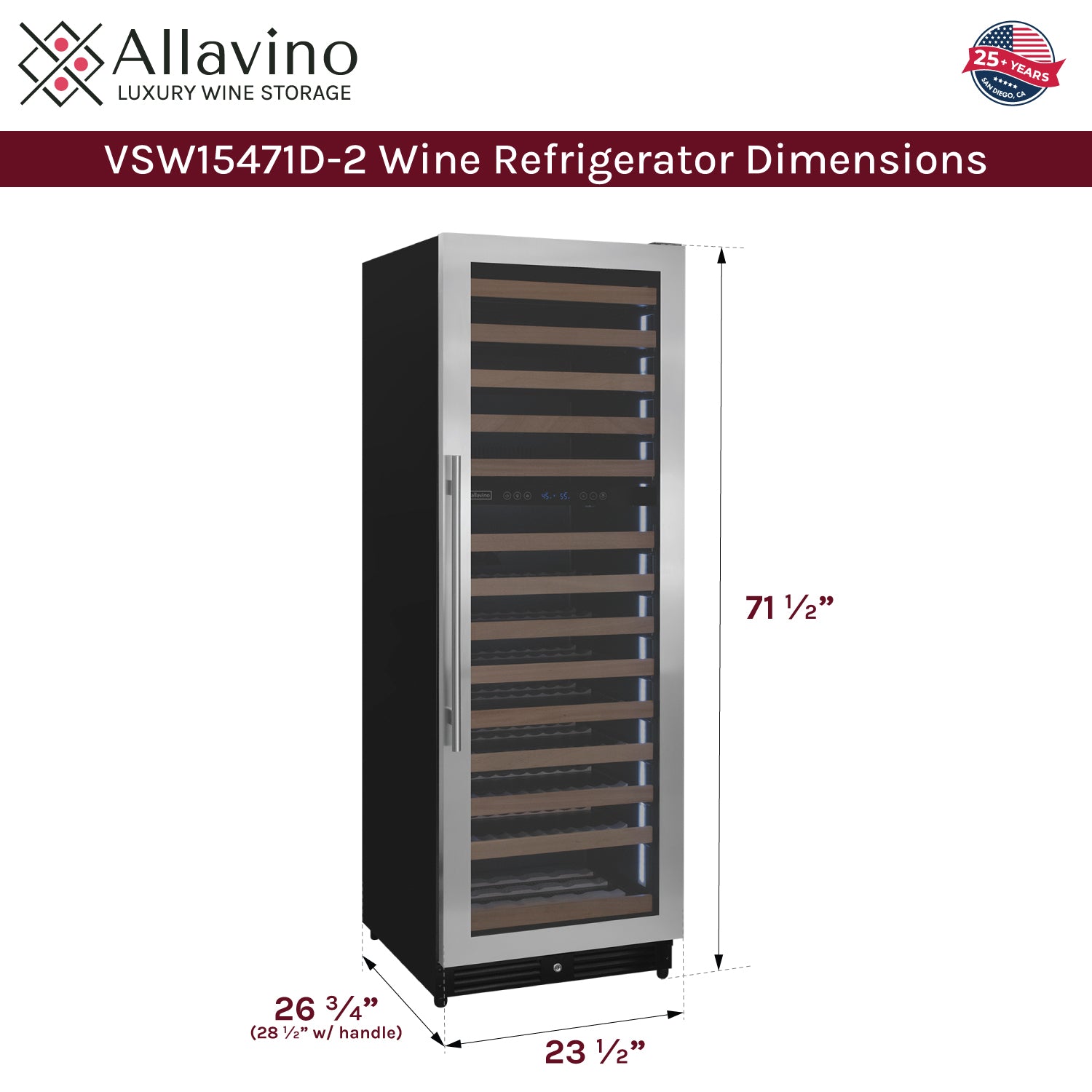 Allavino Reserva Series 154 Bottle 71" Tall Dual Zone Right Hinge Stainless Steel Wine Refrigerator AO VSW15471D-2SR