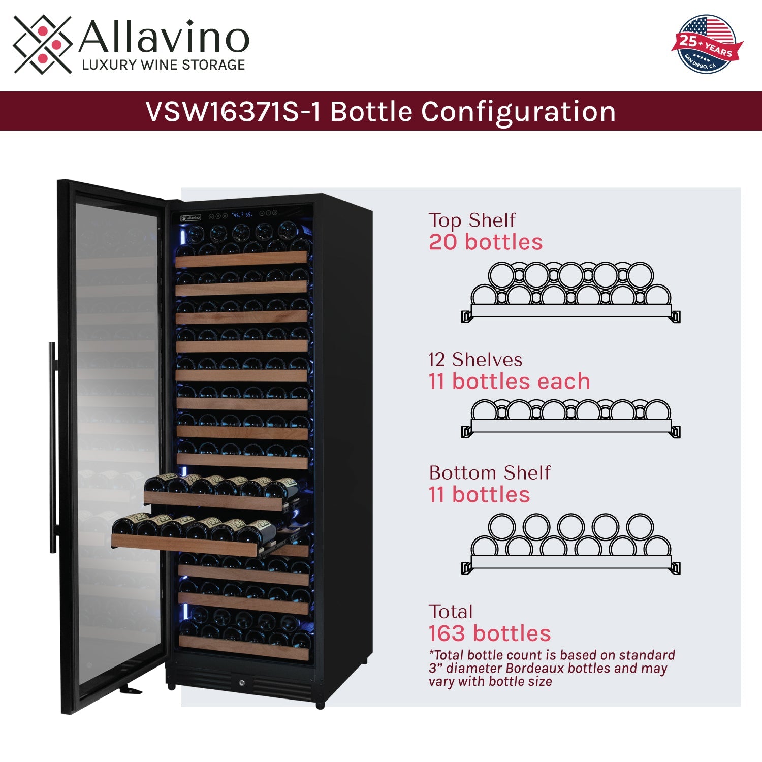 Allavino Reserva Series 163 Bottle 71" Tall Single Zone Left Hinge Black Metal Wine Cooler Refrigerator AO VSW16371S-1BL