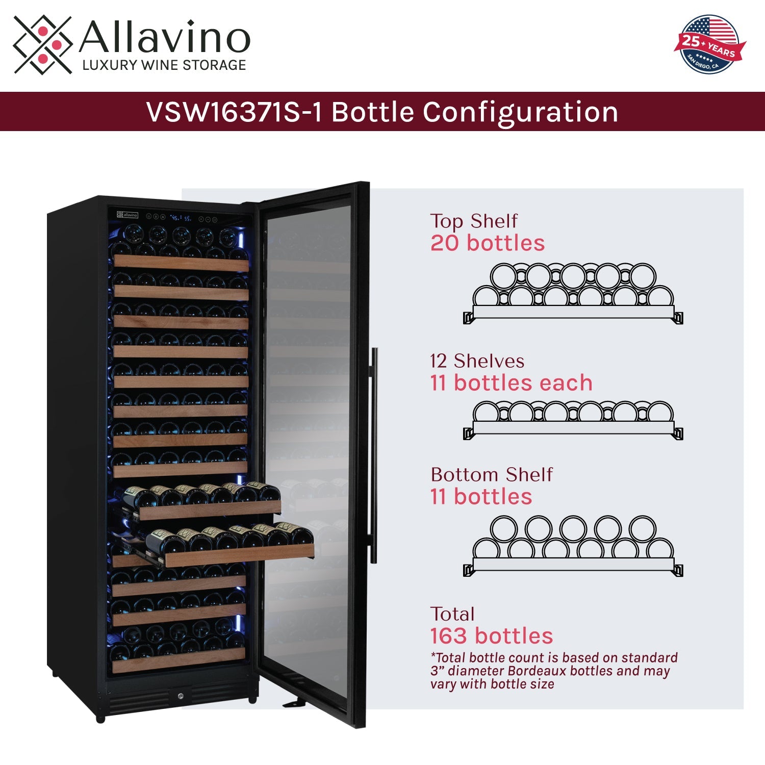 Allavino Reserva Series 163 Bottle 71" Tall Single Zone Right Hinge Black Metal Wine Cooler Refrigerator AO VSW16371S-1BR