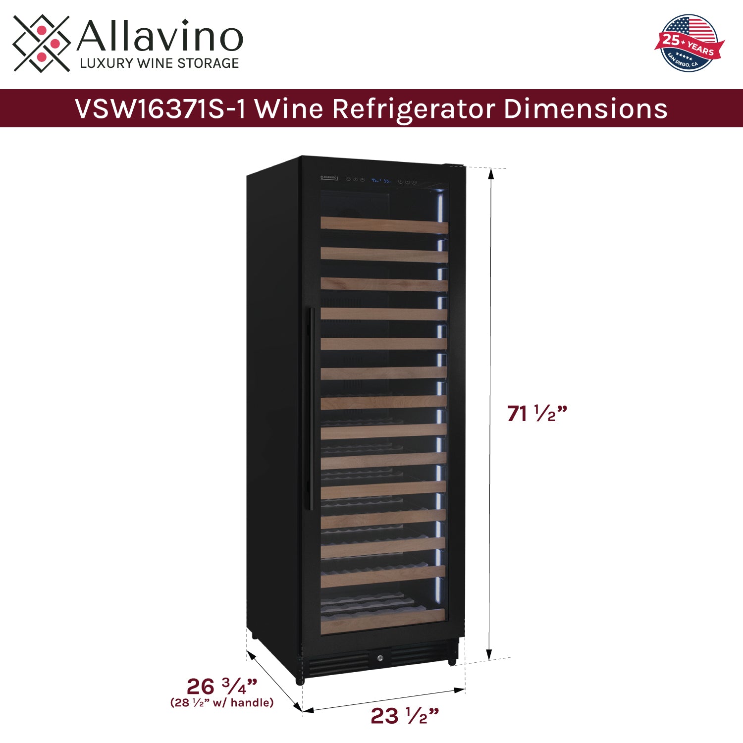 Allavino Reserva Series 163 Bottle 71" Tall Single Zone Right Hinge Black Metal Wine Cooler Refrigerator AO VSW16371S-1BR