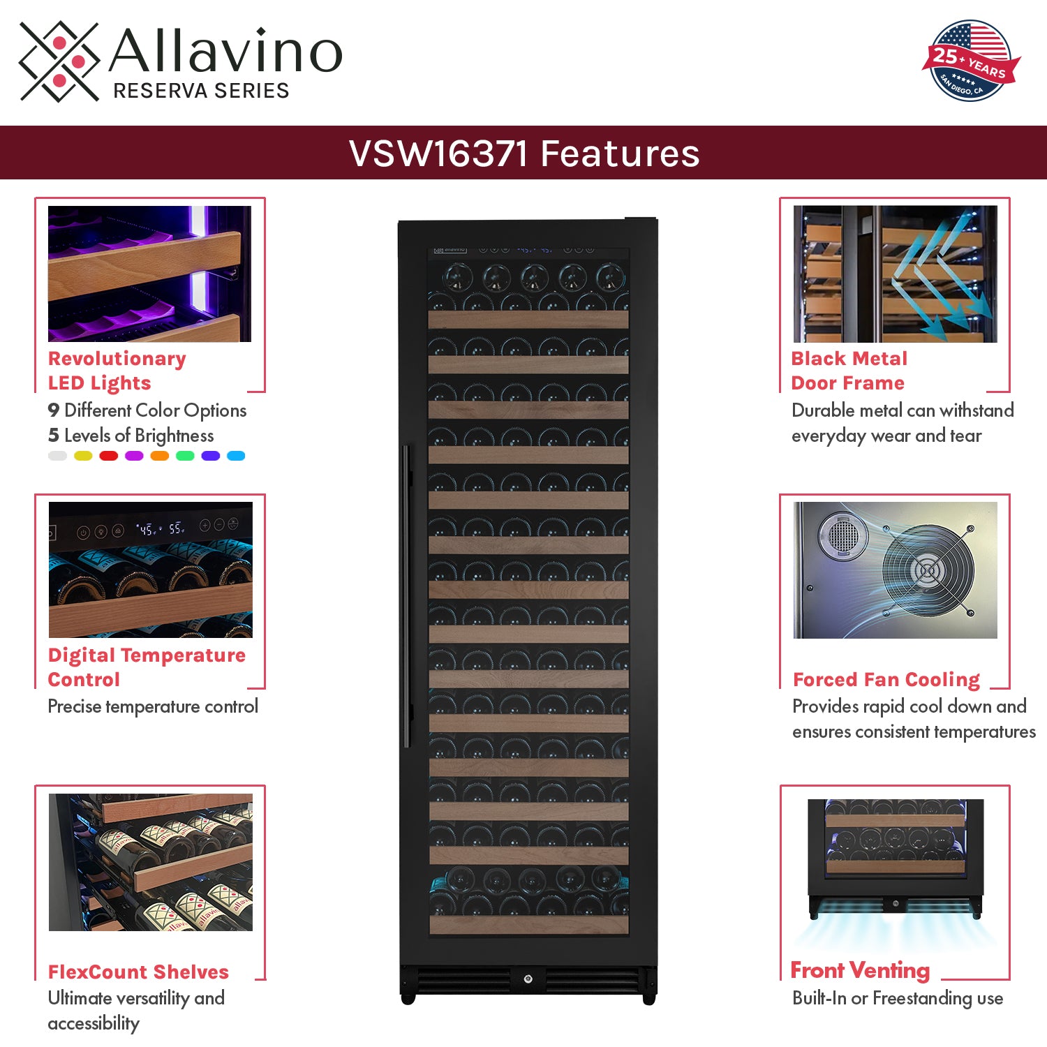 Allavino Reserva Series 163 Bottle 71" Tall Single Zone Right Hinge Black Metal Wine Cooler Refrigerator AO VSW16371S-1BR