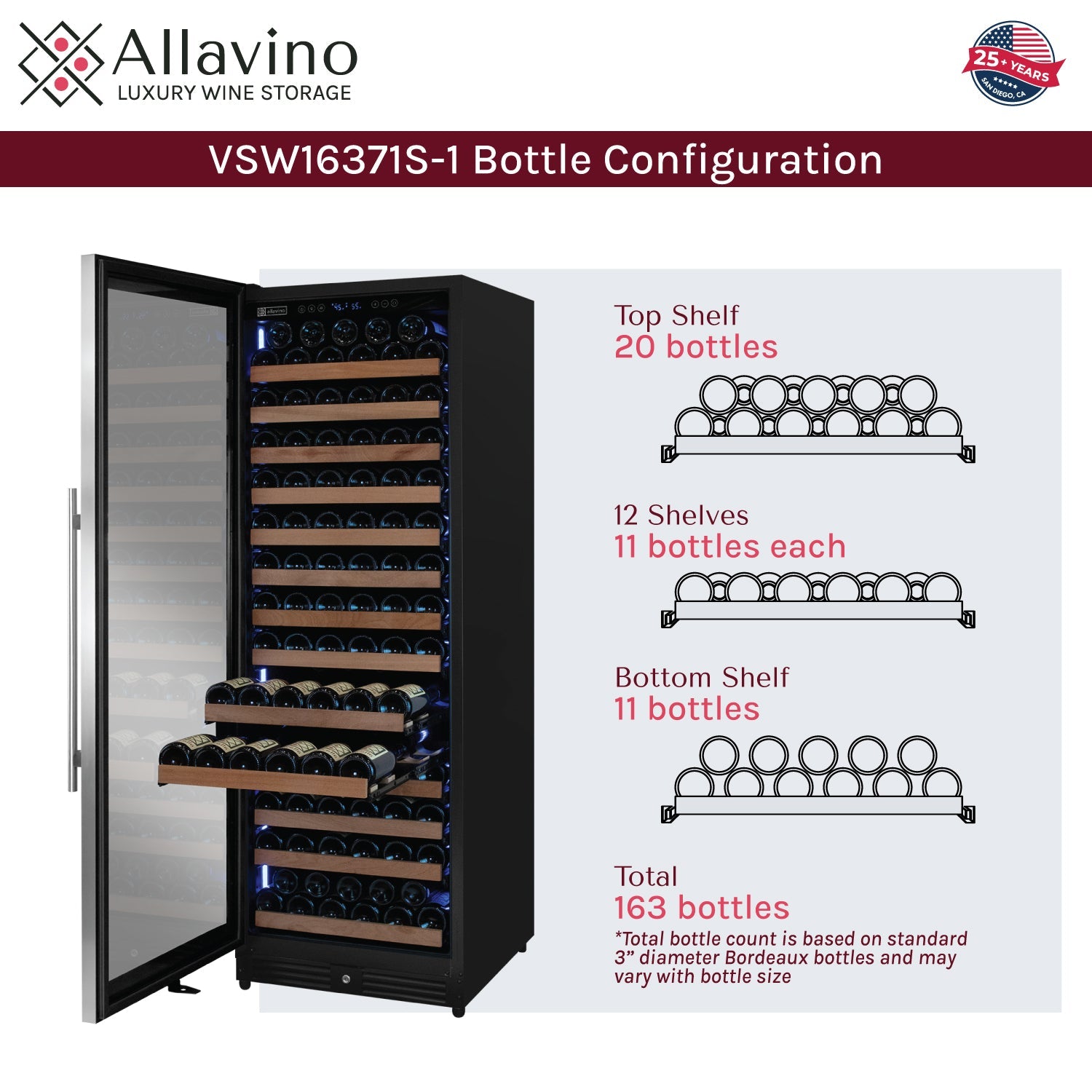 Allavino Reserva Series 163 Bottle 71" Tall Single Zone Left Hinge Stainless Steel Wine Refrigerator AO VSW16371S-1SL