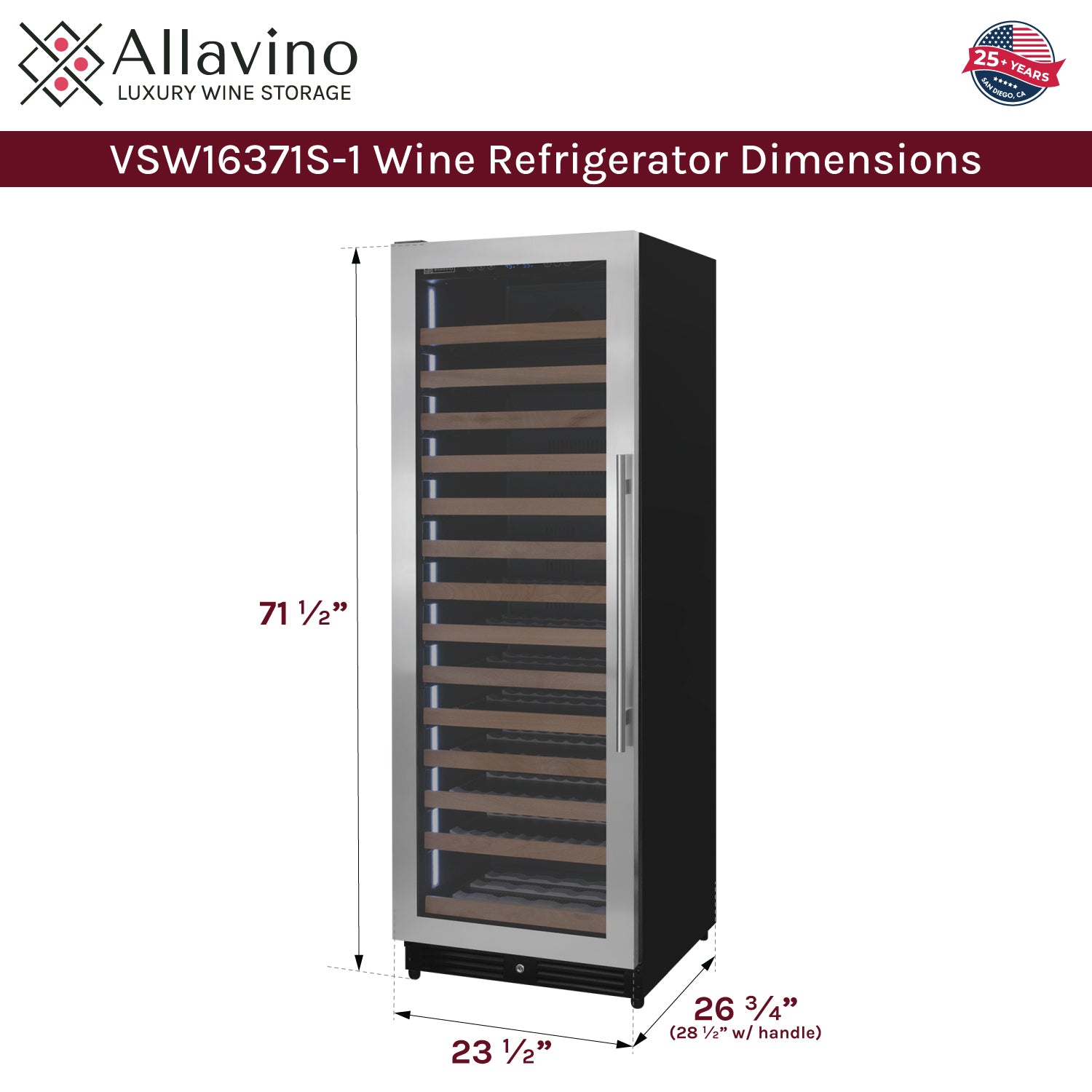 Allavino Reserva Series 163 Bottle 71" Tall Single Zone Left Hinge Stainless Steel Wine Refrigerator AO VSW16371S-1SL