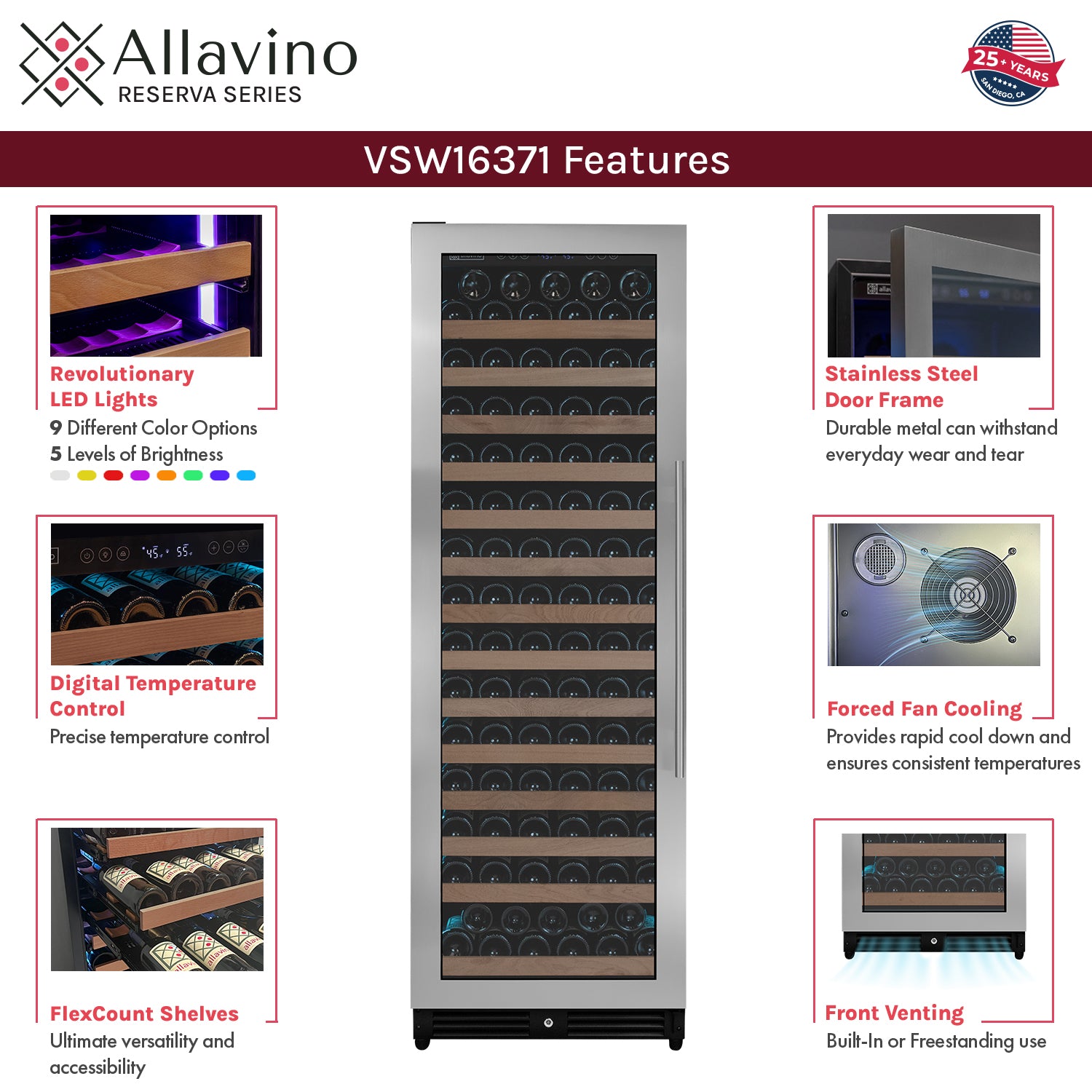 Allavino Reserva Series 163 Bottle 71" Tall Single Zone Left Hinge Stainless Steel Wine Refrigerator AO VSW16371S-1SL