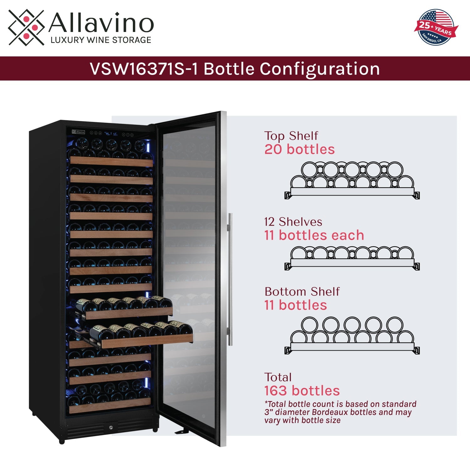 Allavino Reserva Series 163 Bottle 71" Tall Single Zone Right Hinge Stainless Steel Wine Refrigerator AO VSW16371S-1SR