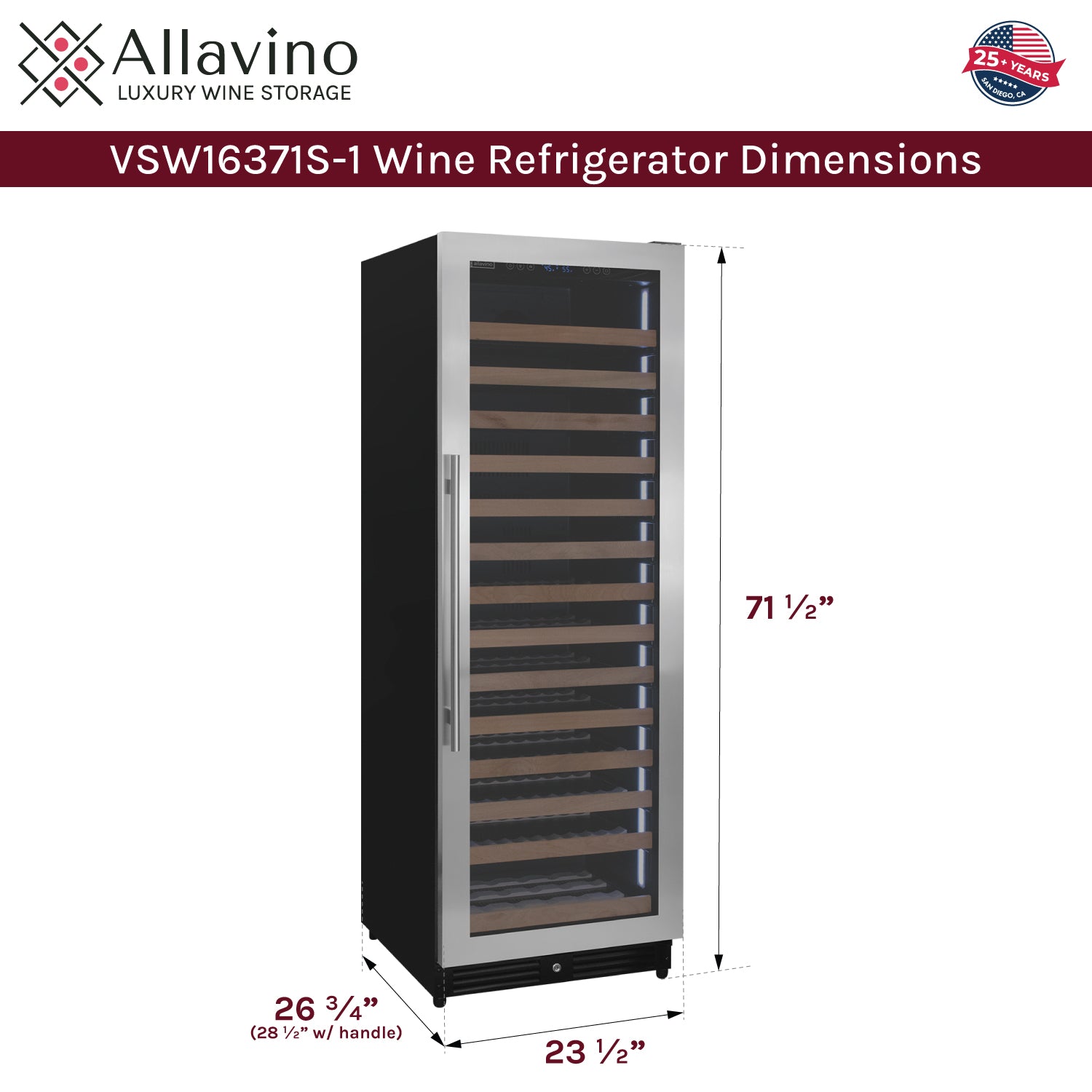 Allavino Reserva Series 163 Bottle 71" Tall Single Zone Right Hinge Stainless Steel Wine Refrigerator AO VSW16371S-1SR