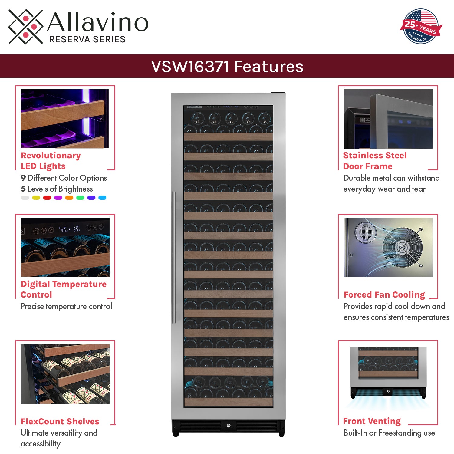 Allavino Reserva Series 163 Bottle 71" Tall Single Zone Right Hinge Stainless Steel Wine Refrigerator AO VSW16371S-1SR