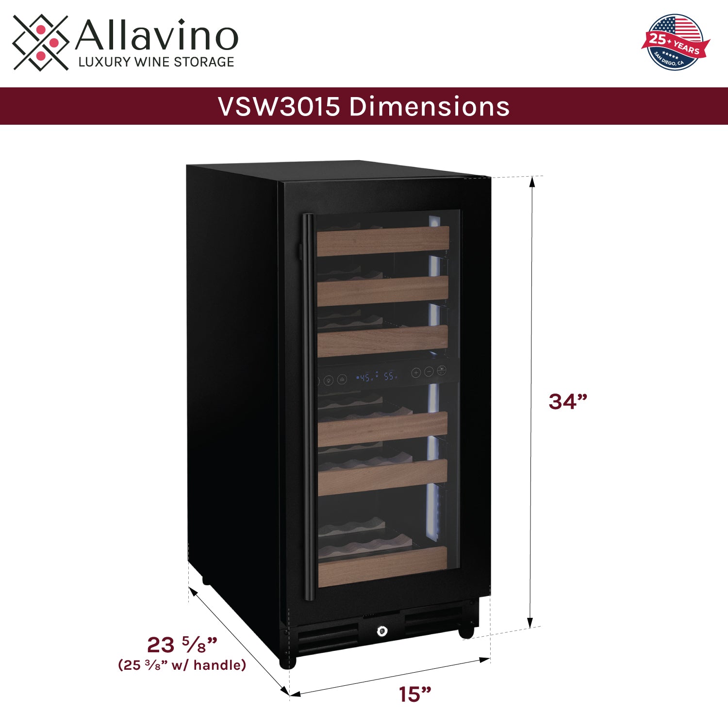 Allavino 15" Wide Reserva Series 30 Bottle Dual Zone Black Right Hinge Wine Refrigerator AO VSW3015D-2BR