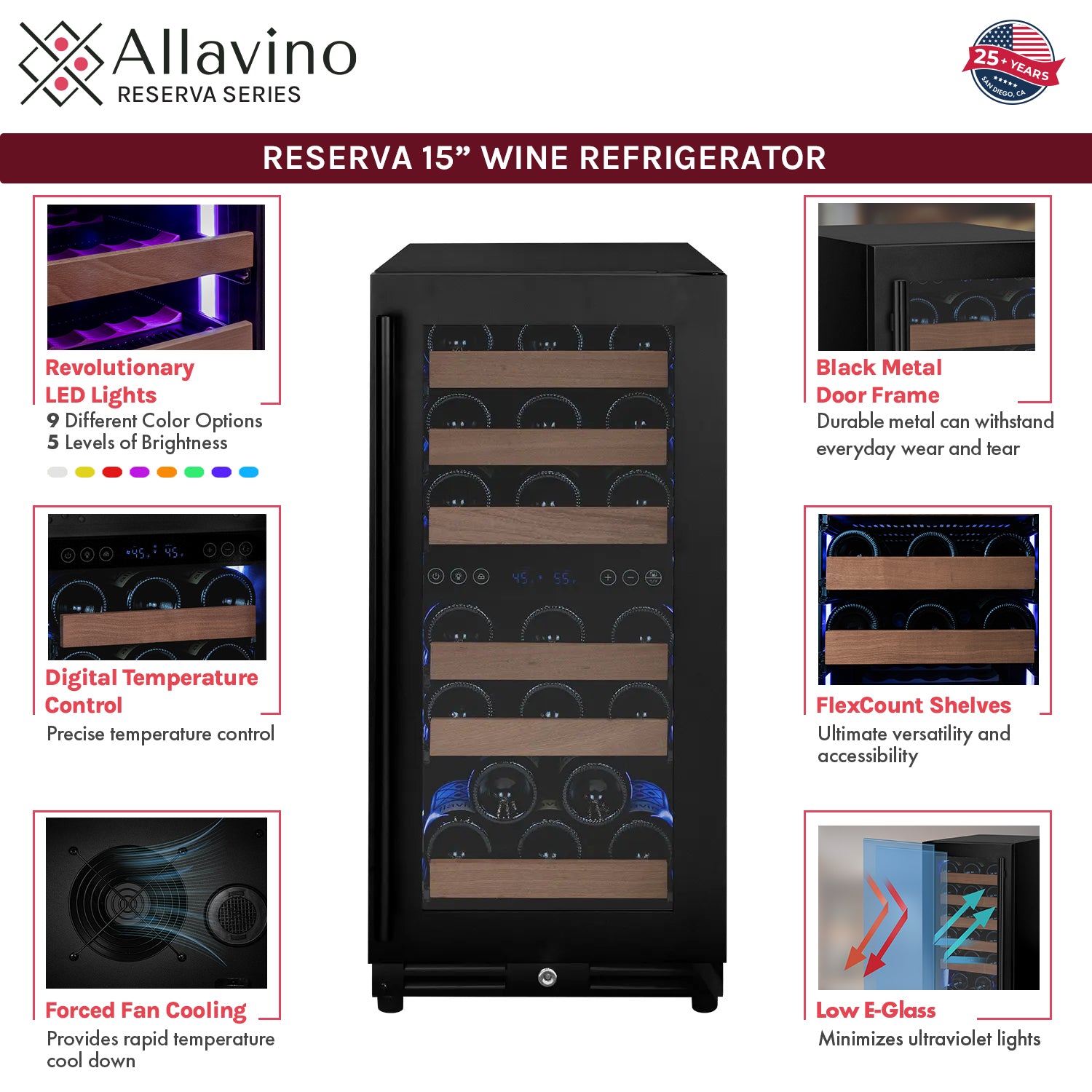 Allavino 15" Wide Reserva Series 30 Bottle Dual Zone Black Right Hinge Wine Refrigerator AO VSW3015D-2BR
